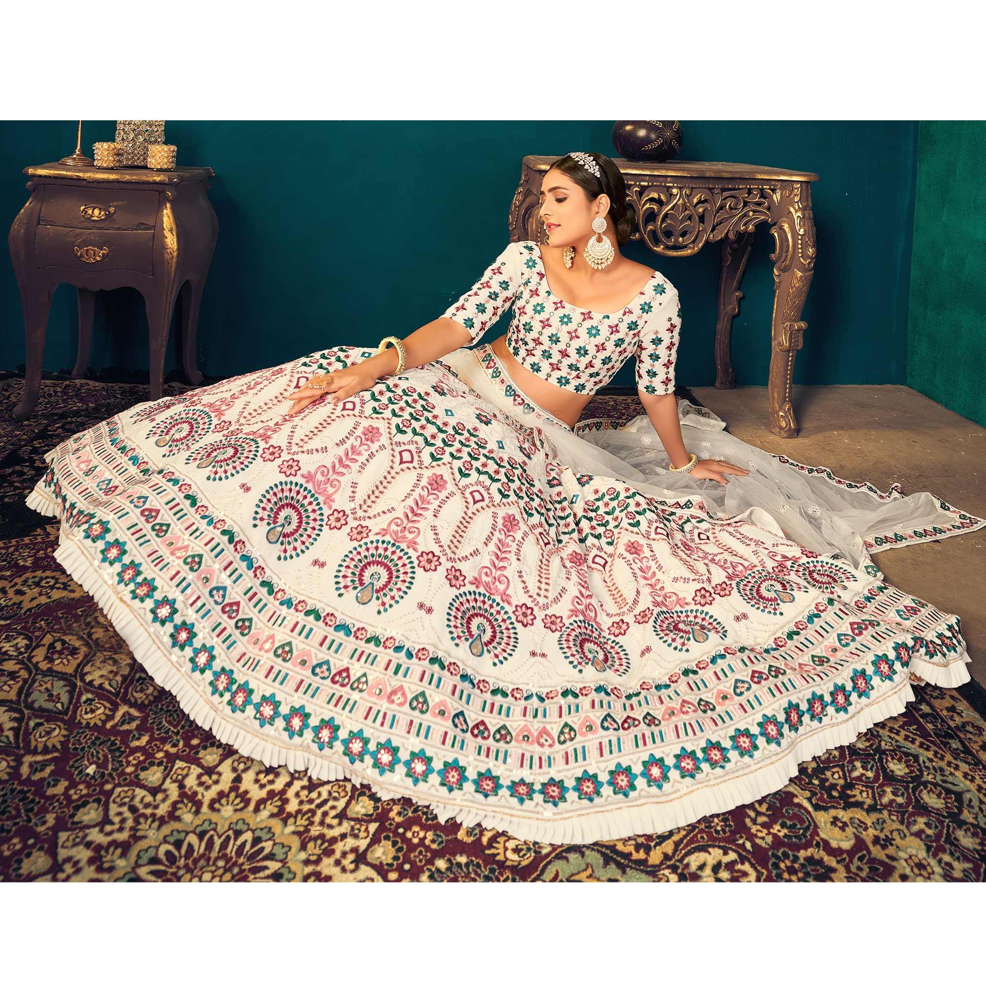Pearl White Partywear Sequence With Gotta Patti Embroidered Georgette Lehenga Choli - Peachmode