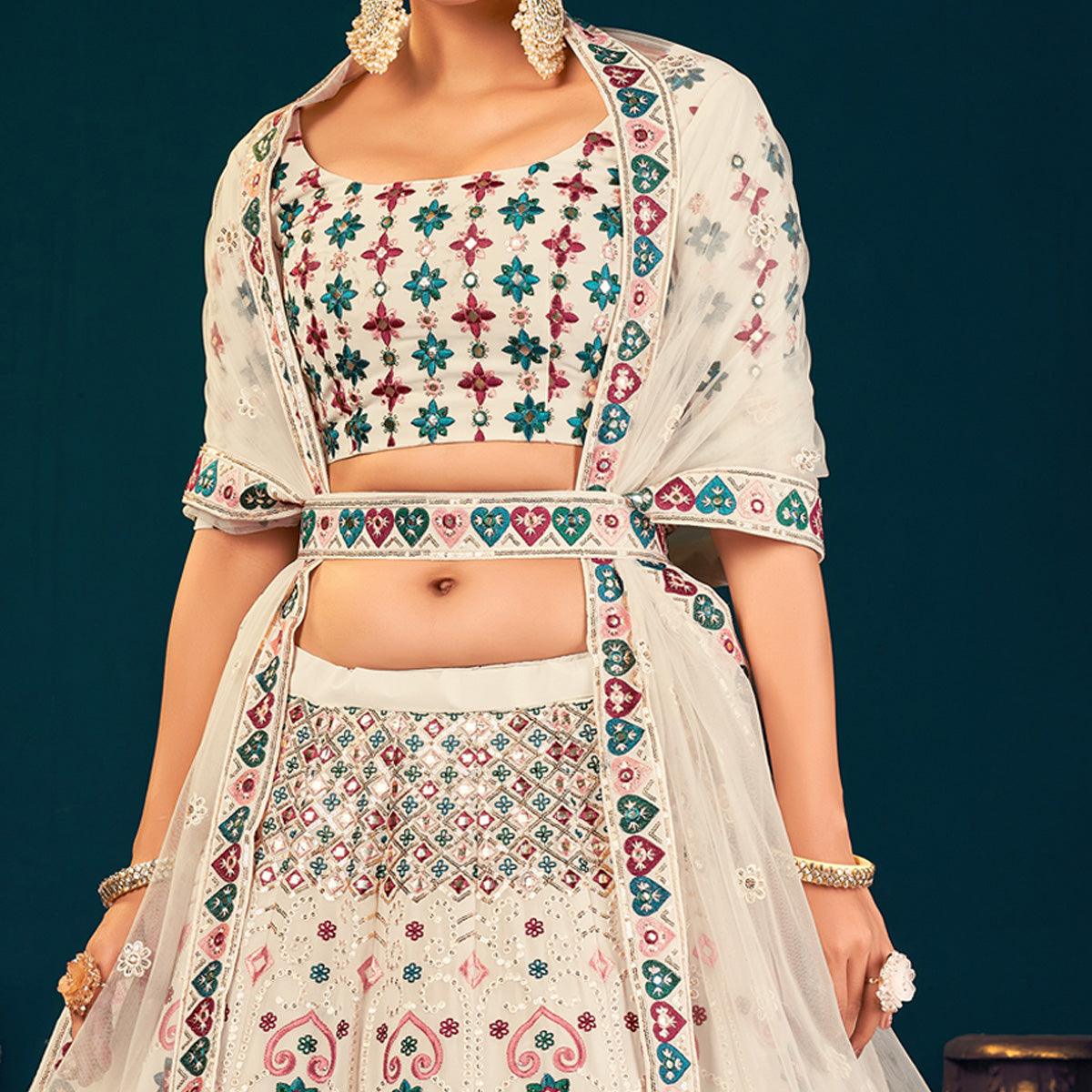 Pearl White Partywear Sequence With Gotta Patti Embroidered Georgette Lehenga Choli - Peachmode