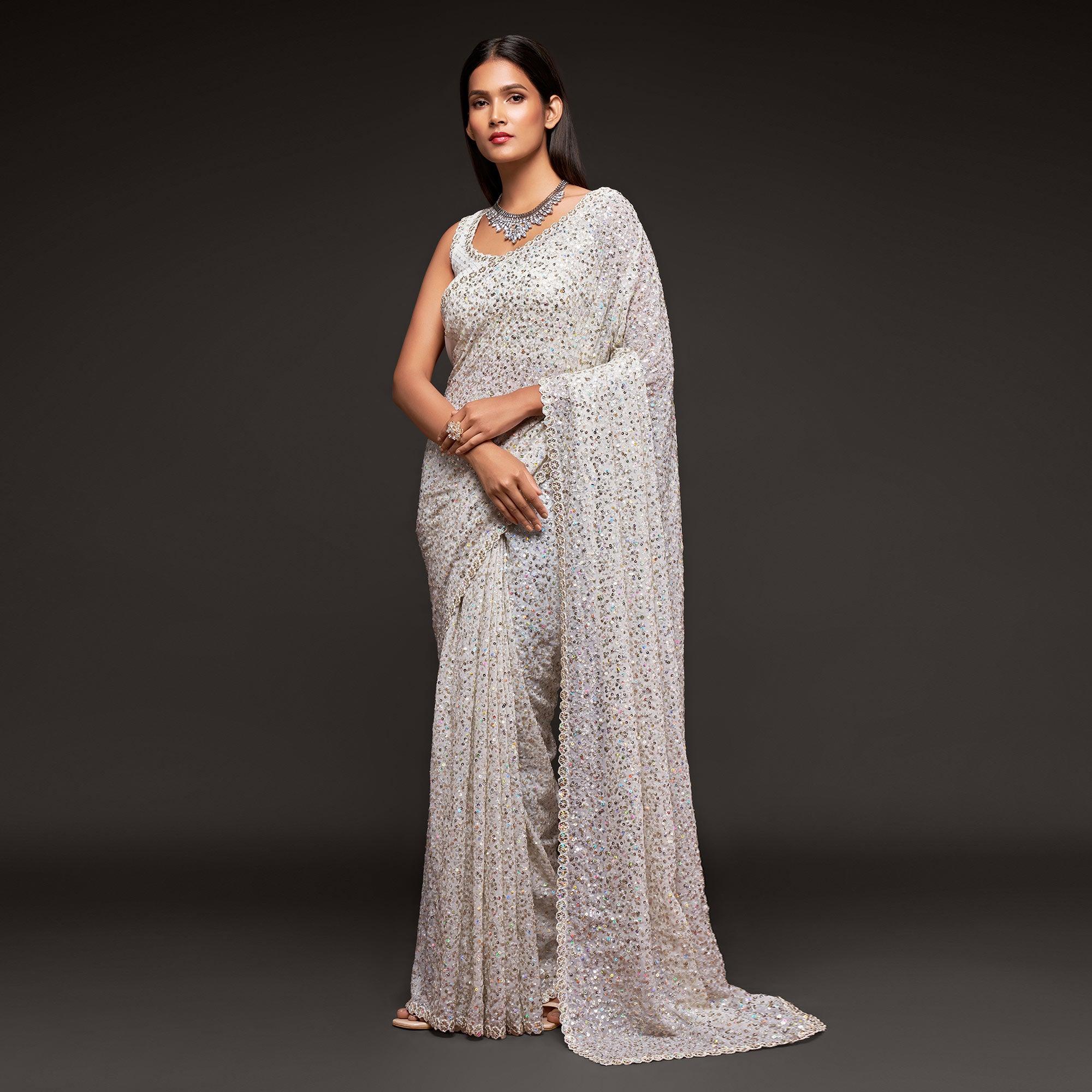 Pearl White Partywear Thread & Sequins Embroidered Georgette Saree - Peachmode