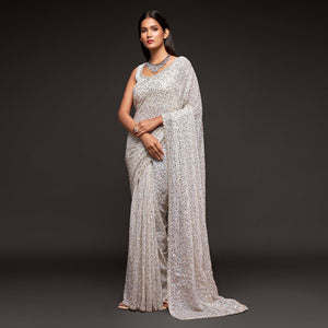 Pearl White Partywear Thread & Sequins Embroidered Georgette Saree - Peachmode