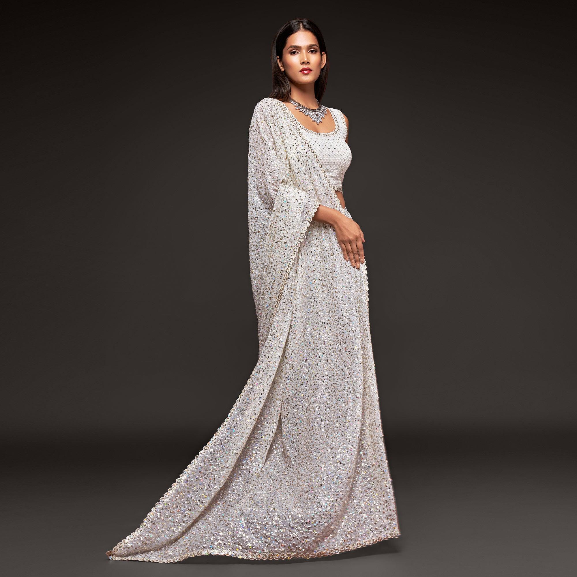 Pearl White Partywear Thread & Sequins Embroidered Georgette Saree - Peachmode