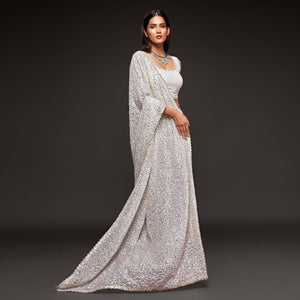 Pearl White Partywear Thread & Sequins Embroidered Georgette Saree - Peachmode
