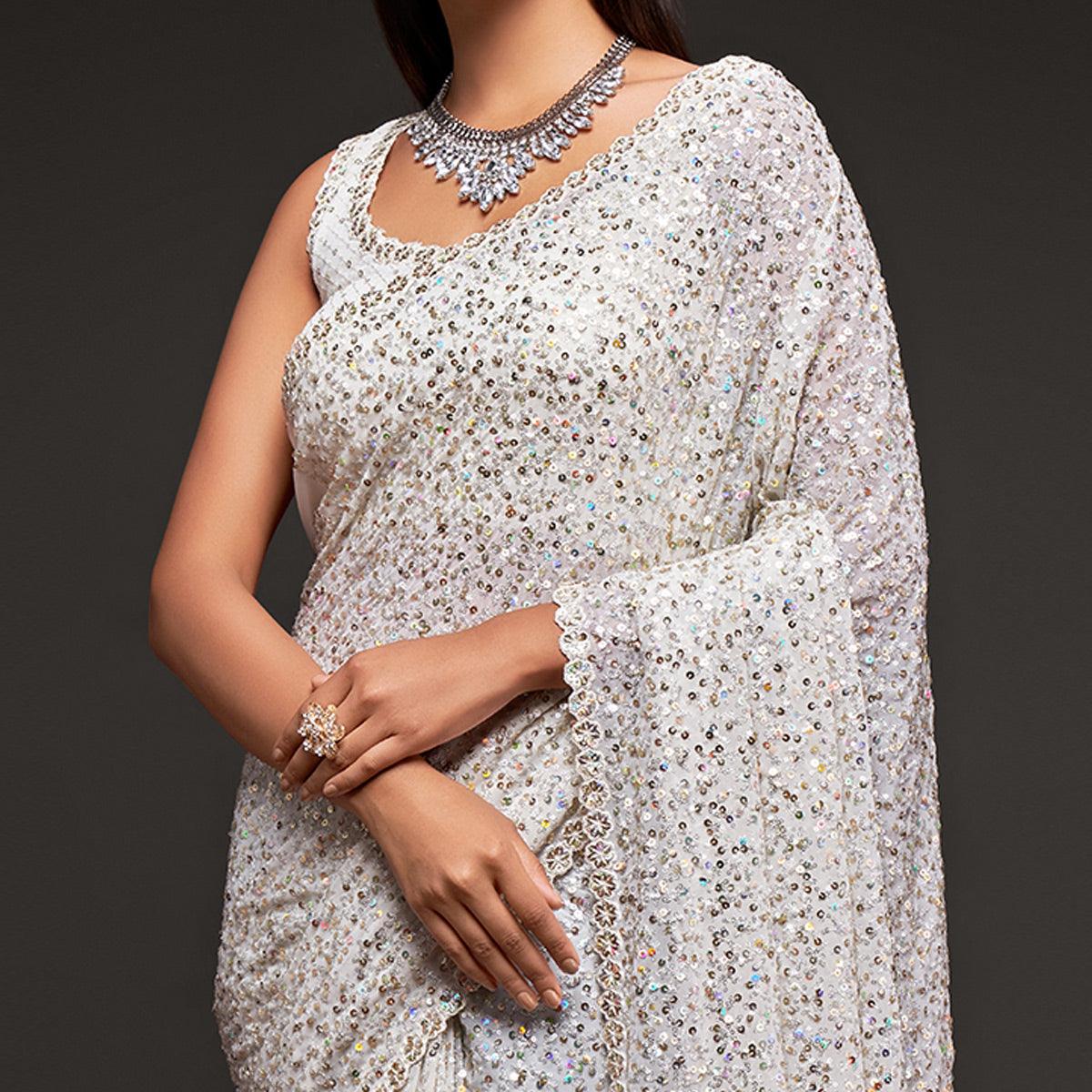 Pearl White Partywear Thread & Sequins Embroidered Georgette Saree - Peachmode