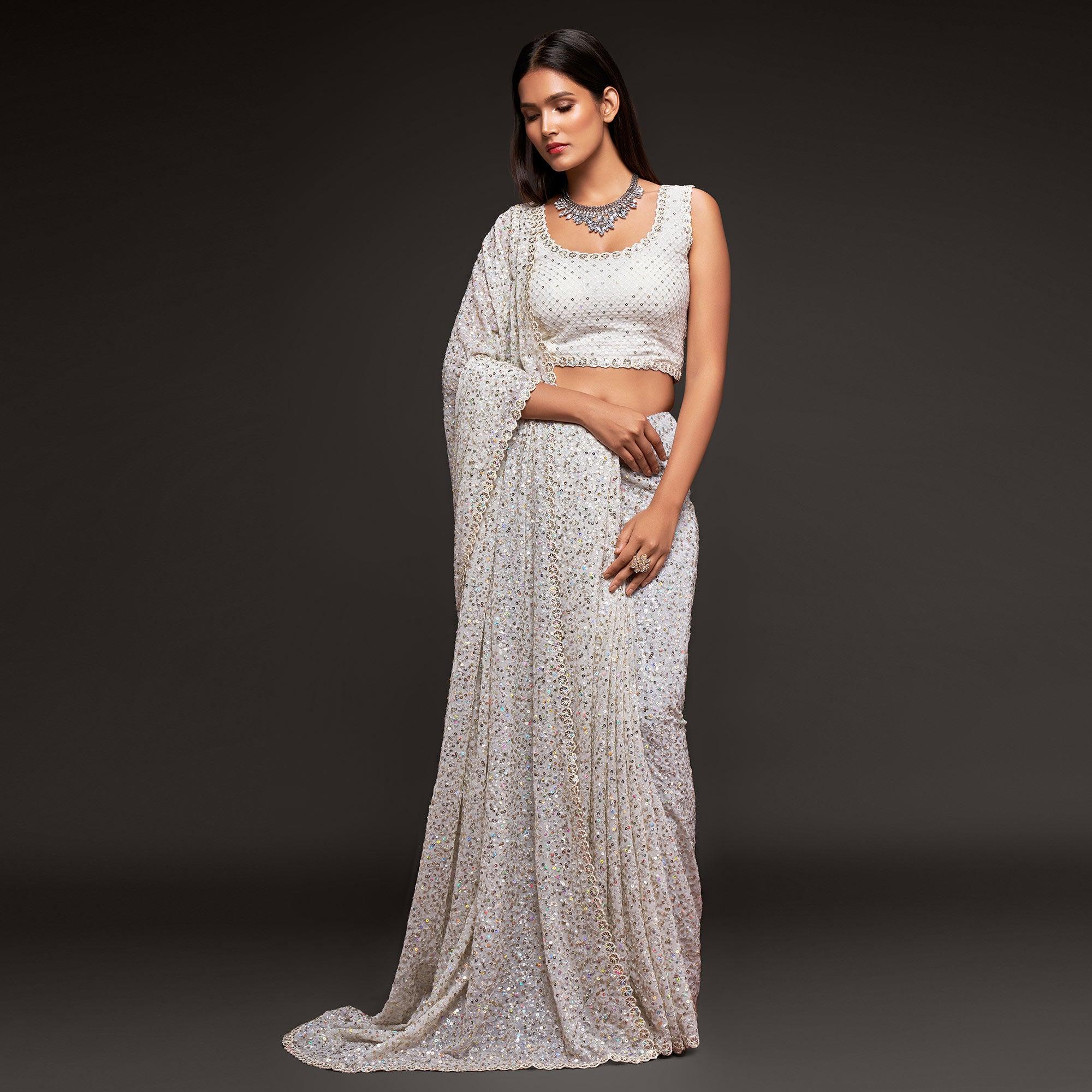 Pearl White Partywear Thread & Sequins Embroidered Georgette Saree - Peachmode