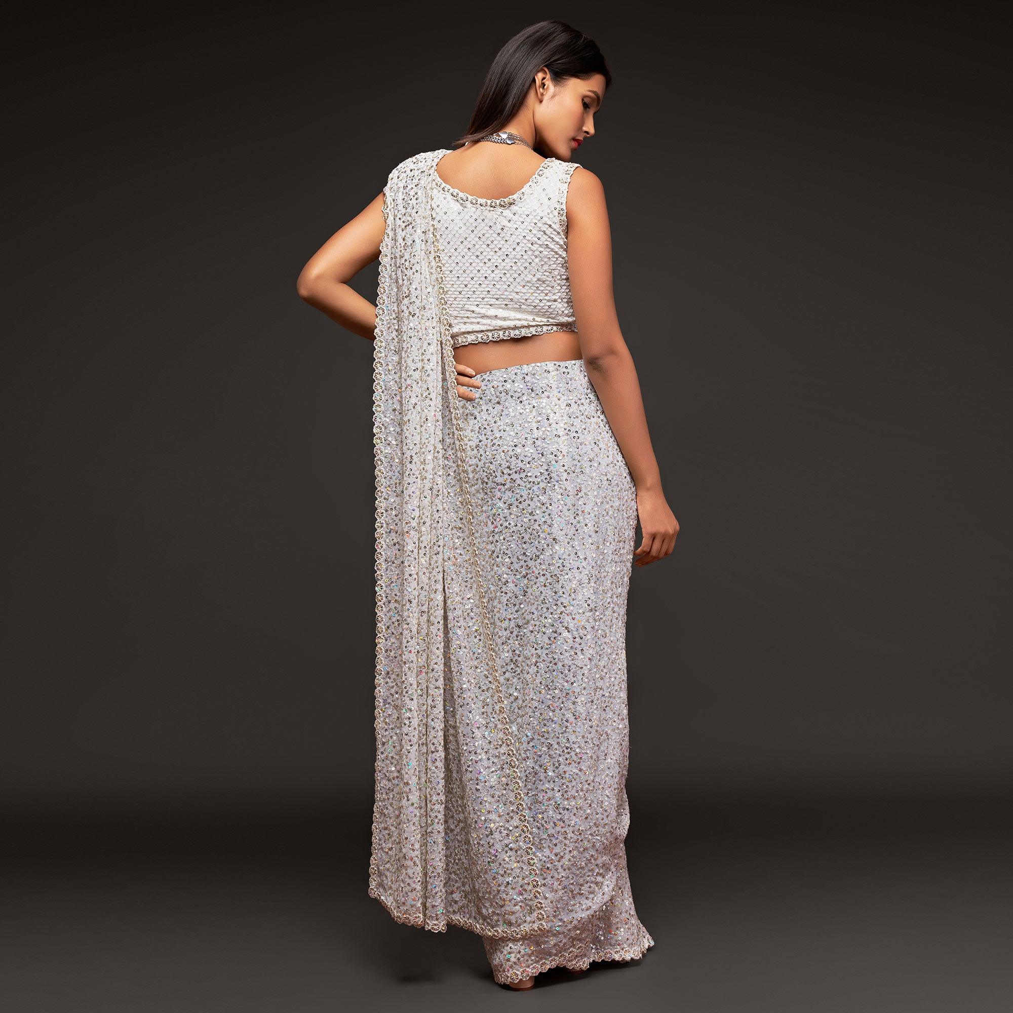 Pearl White Partywear Thread & Sequins Embroidered Georgette Saree - Peachmode