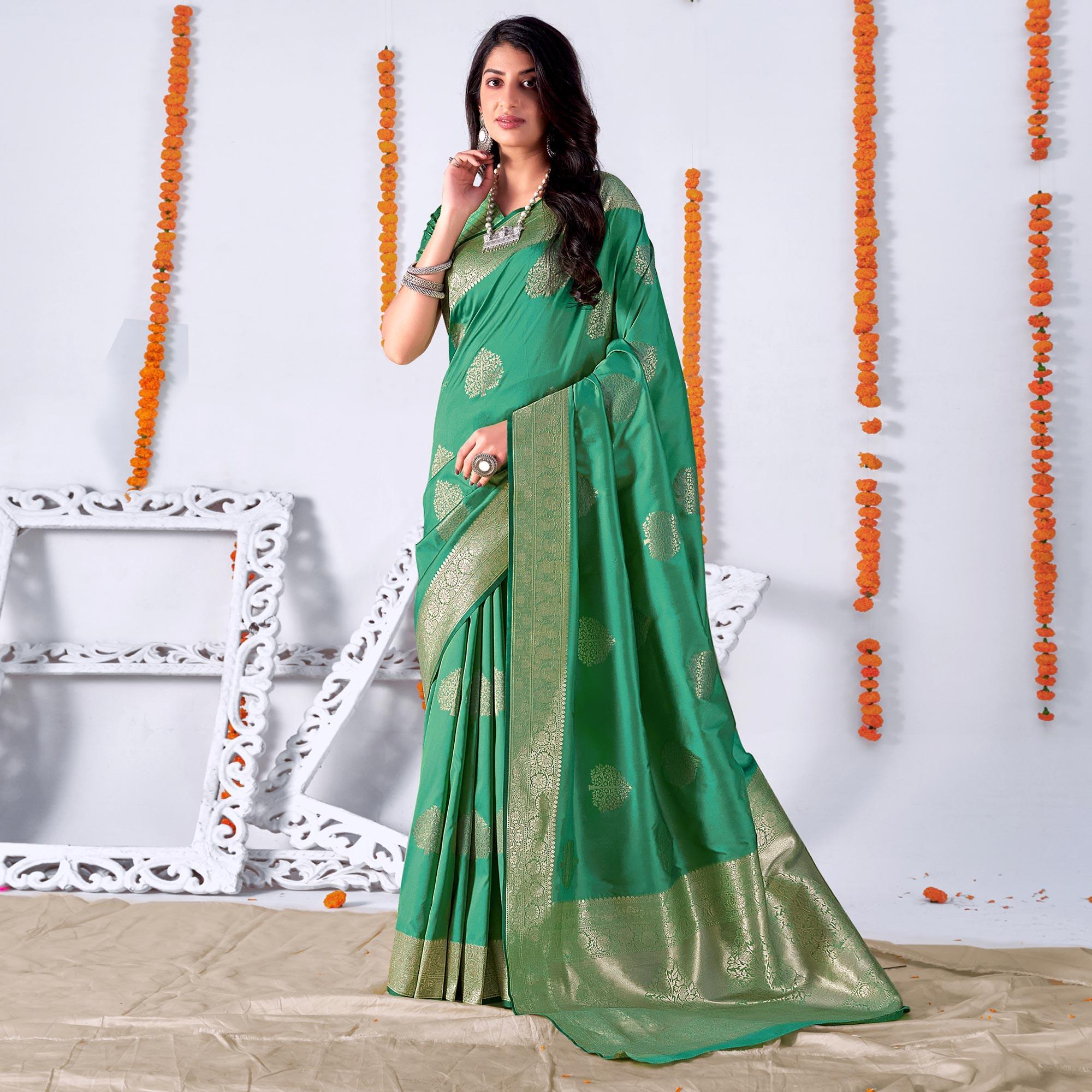 Persian Green Woven Banarasi Silk Saree - Peachmode