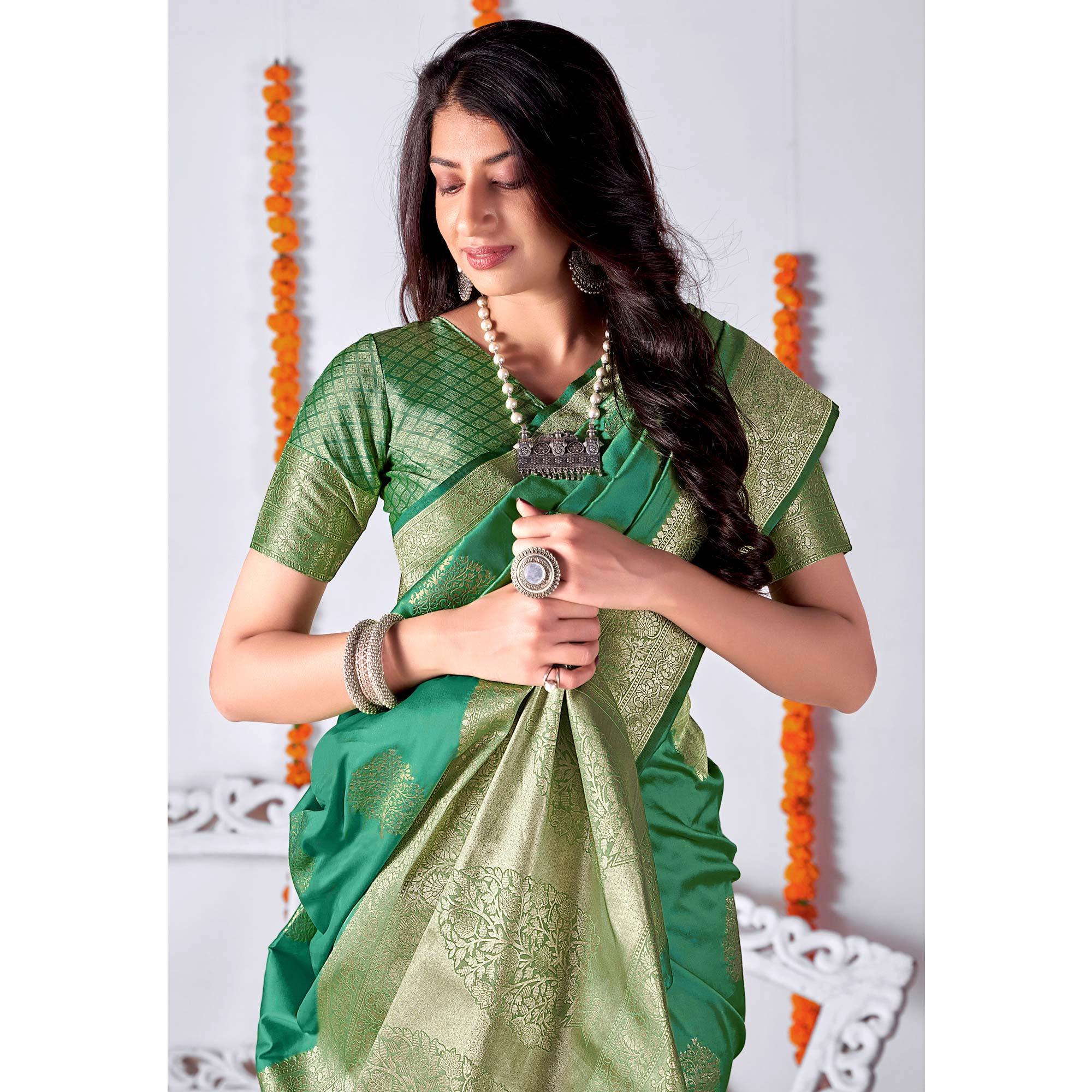 Persian Green Woven Banarasi Silk Saree - Peachmode