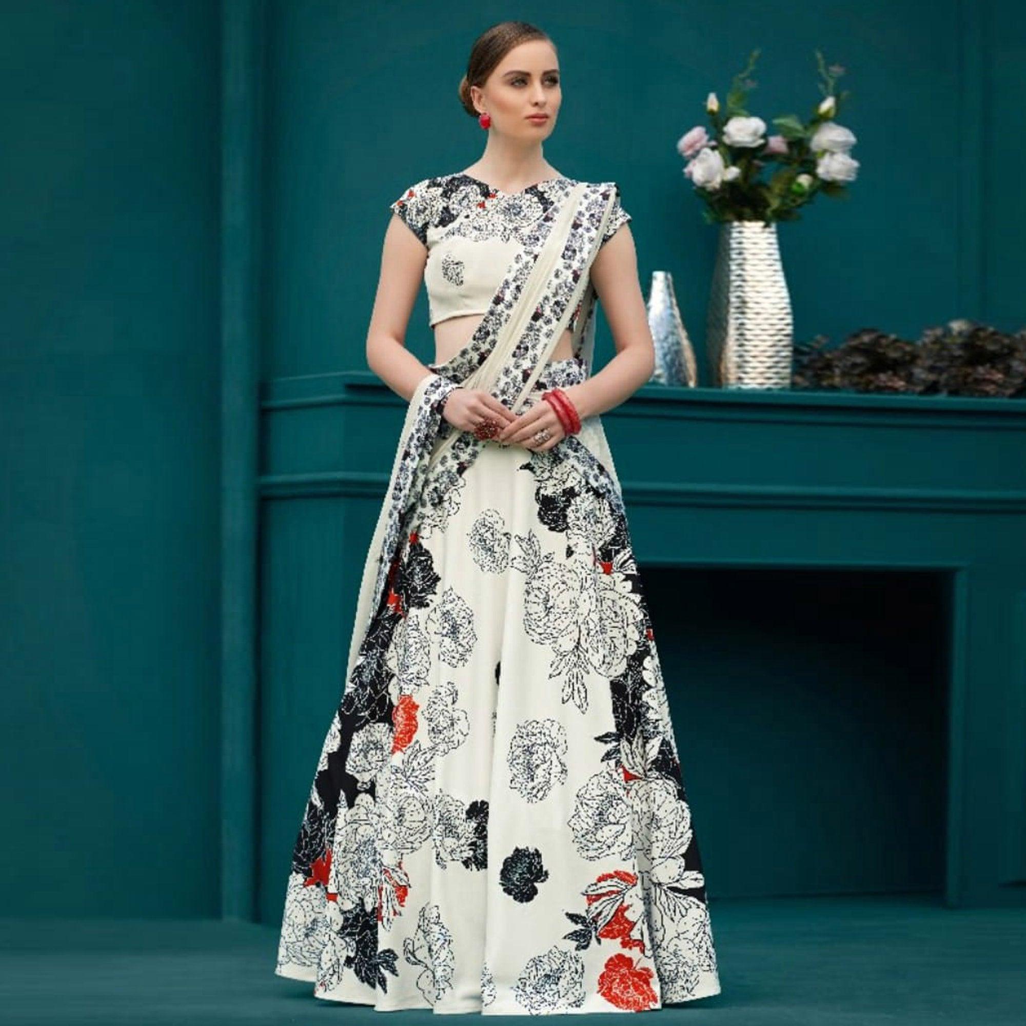 Phenomenal Off-White Colored Designer Partywear Digital Printed Silk Lehenga Choli - Peachmode