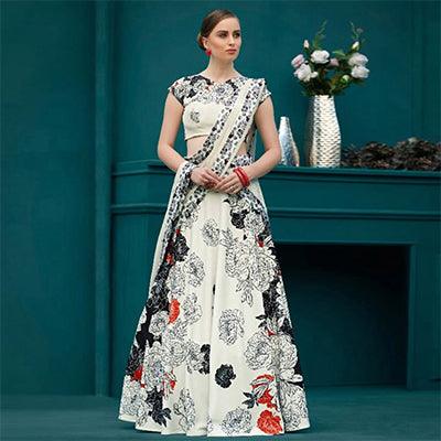 Phenomenal Off-White Colored Designer Partywear Digital Printed Silk Lehenga Choli - Peachmode