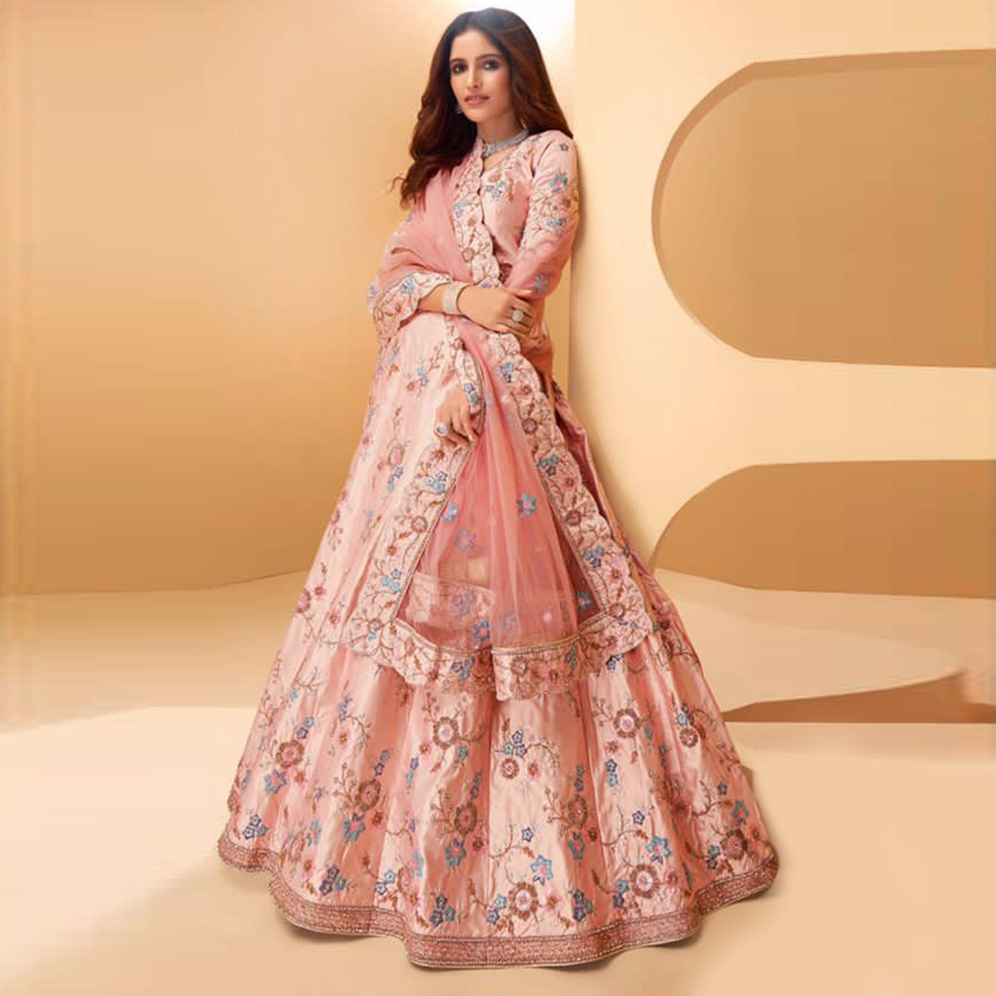 Piggi Pink Partywear Floral Embroidered Silk Lehenga Choli - Peachmode