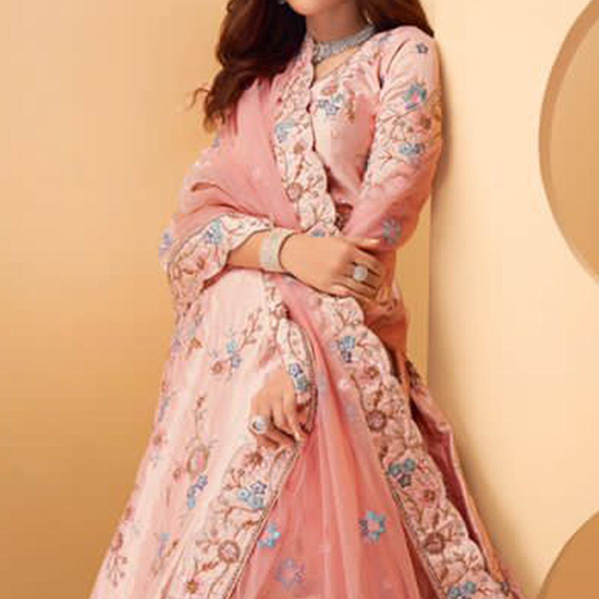 Piggi Pink Partywear Floral Embroidered Silk Lehenga Choli - Peachmode