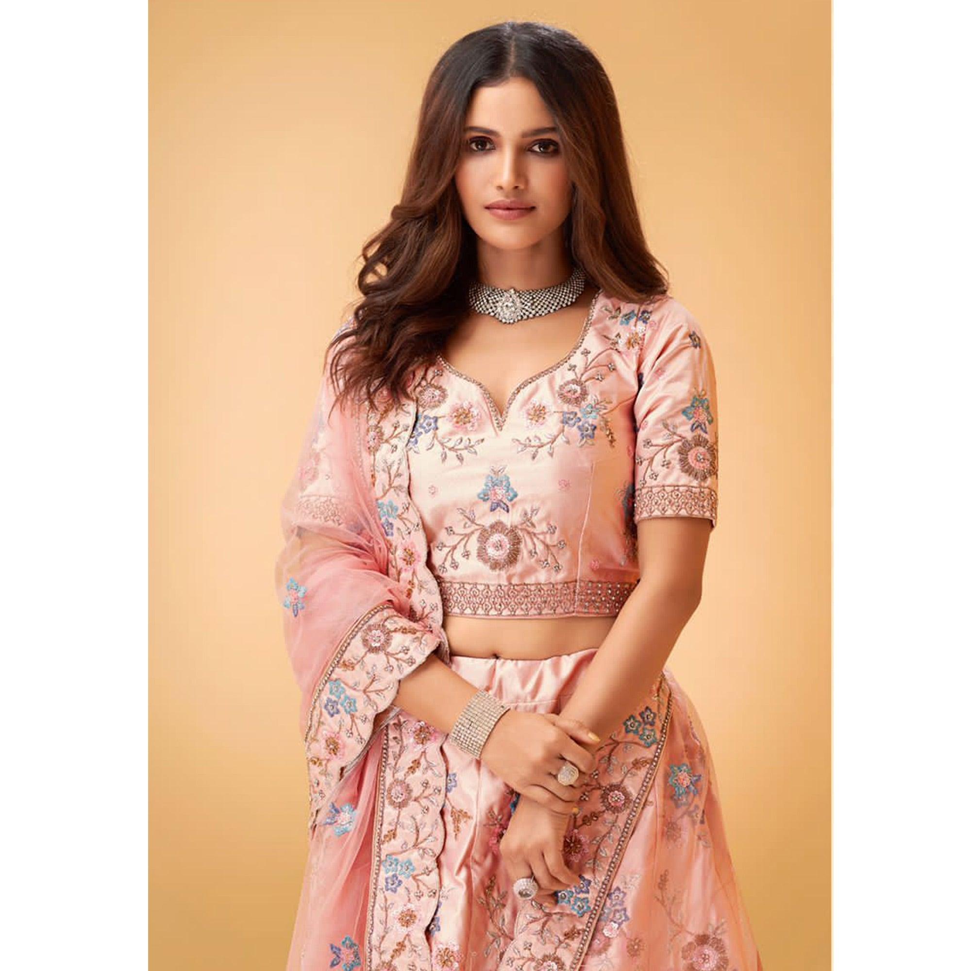 Piggi Pink Partywear Floral Embroidered Silk Lehenga Choli - Peachmode