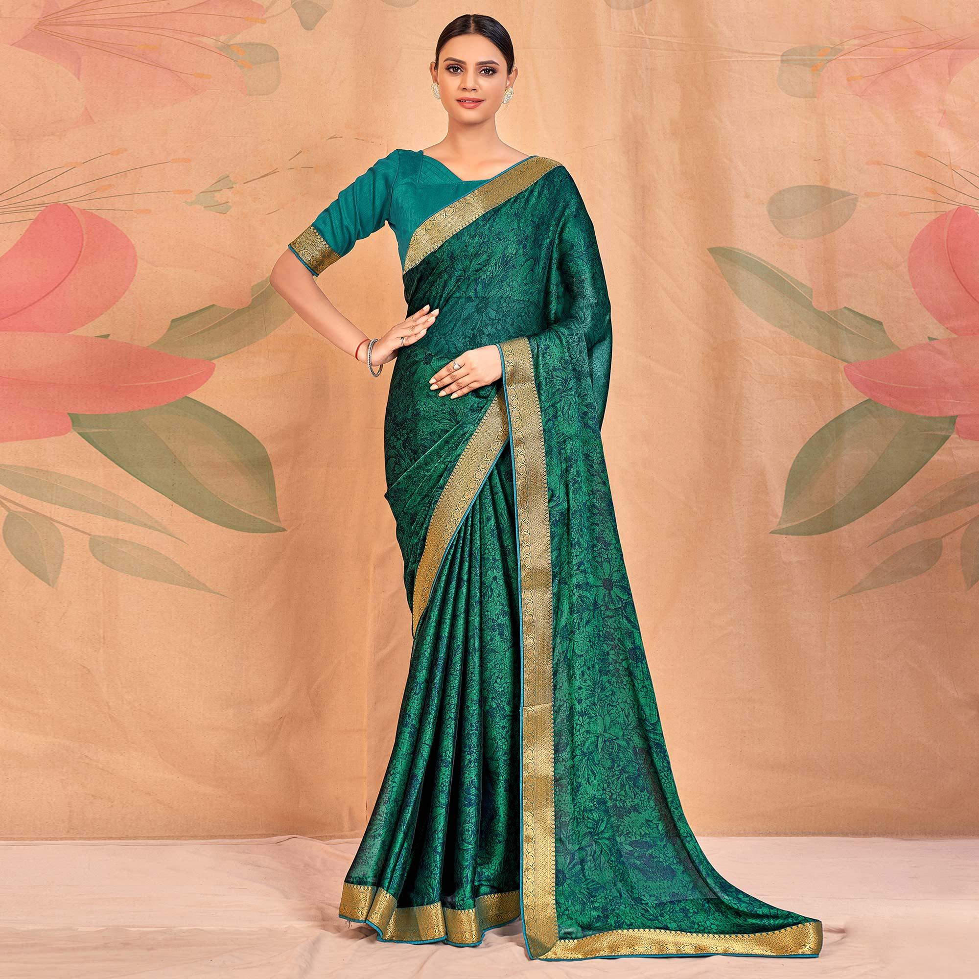 Pine Green Casual Wear Printed Chiffon Saree With Banarasi Lace - Peachmode