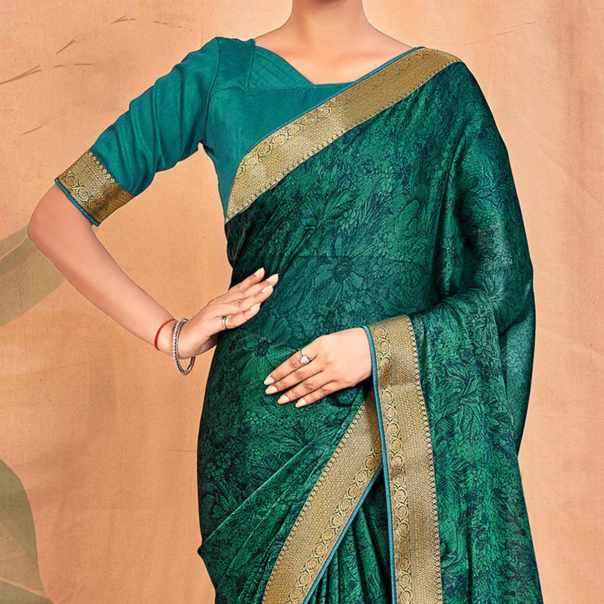 Pine Green Casual Wear Printed Chiffon Saree With Banarasi Lace - Peachmode