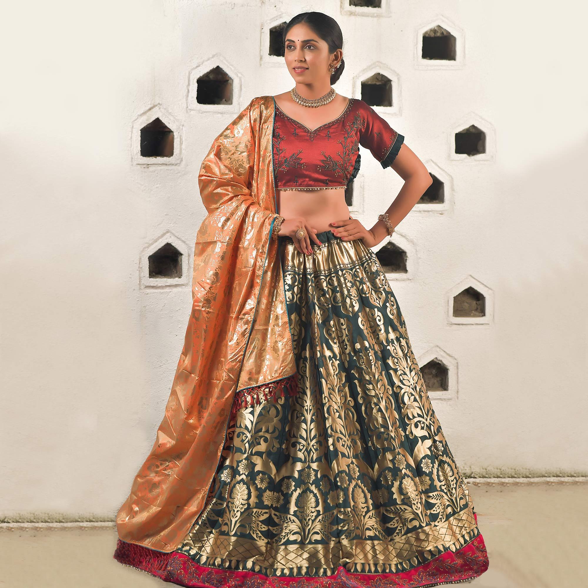 Pine Green Festive Wear Cutdana With Resham & Zardosi Work Banarasi Art Silk Lehenga Choli - Peachmode