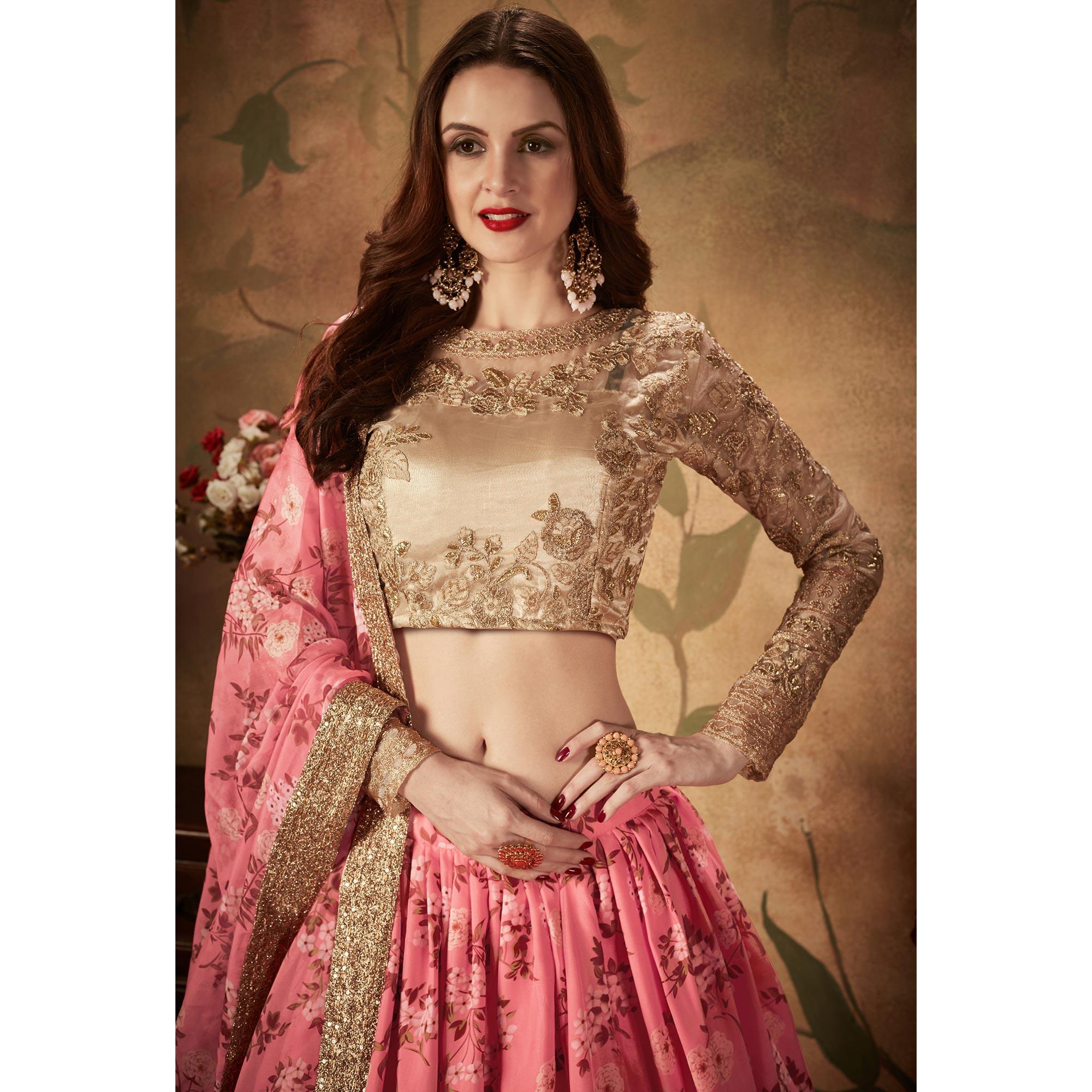 Pink & Beige Partywear Floral Print With Sequins Embroidery Organza Lehenga Choli - Peachmode