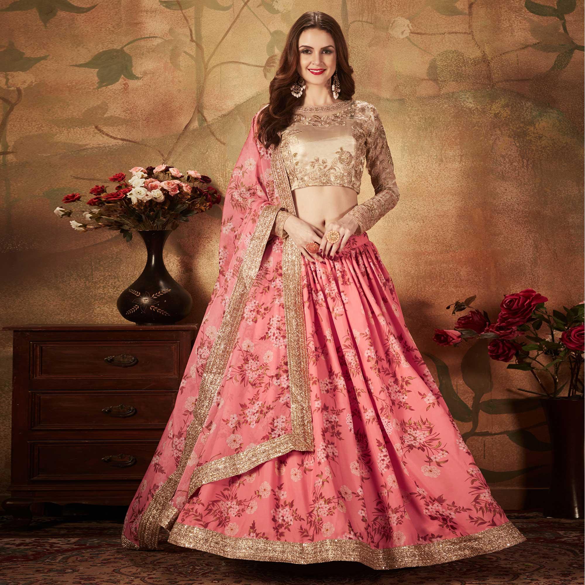 Pink & Beige Partywear Floral Print With Sequins Embroidery Organza Lehenga Choli - Peachmode