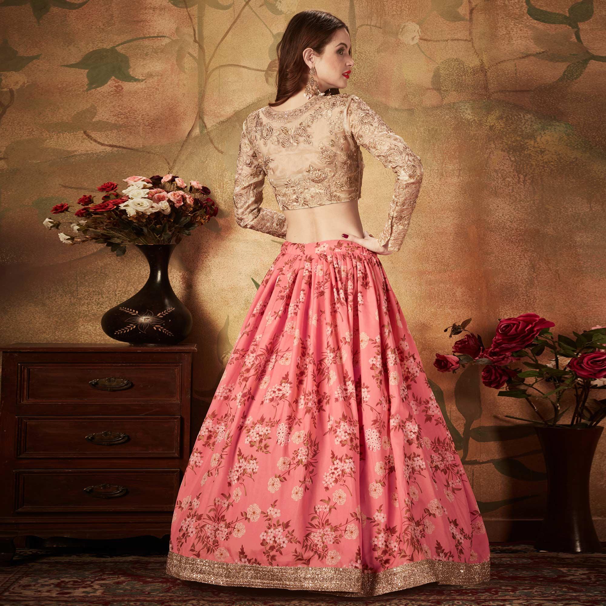 Pink & Beige Partywear Floral Print With Sequins Embroidery Organza Lehenga Choli - Peachmode