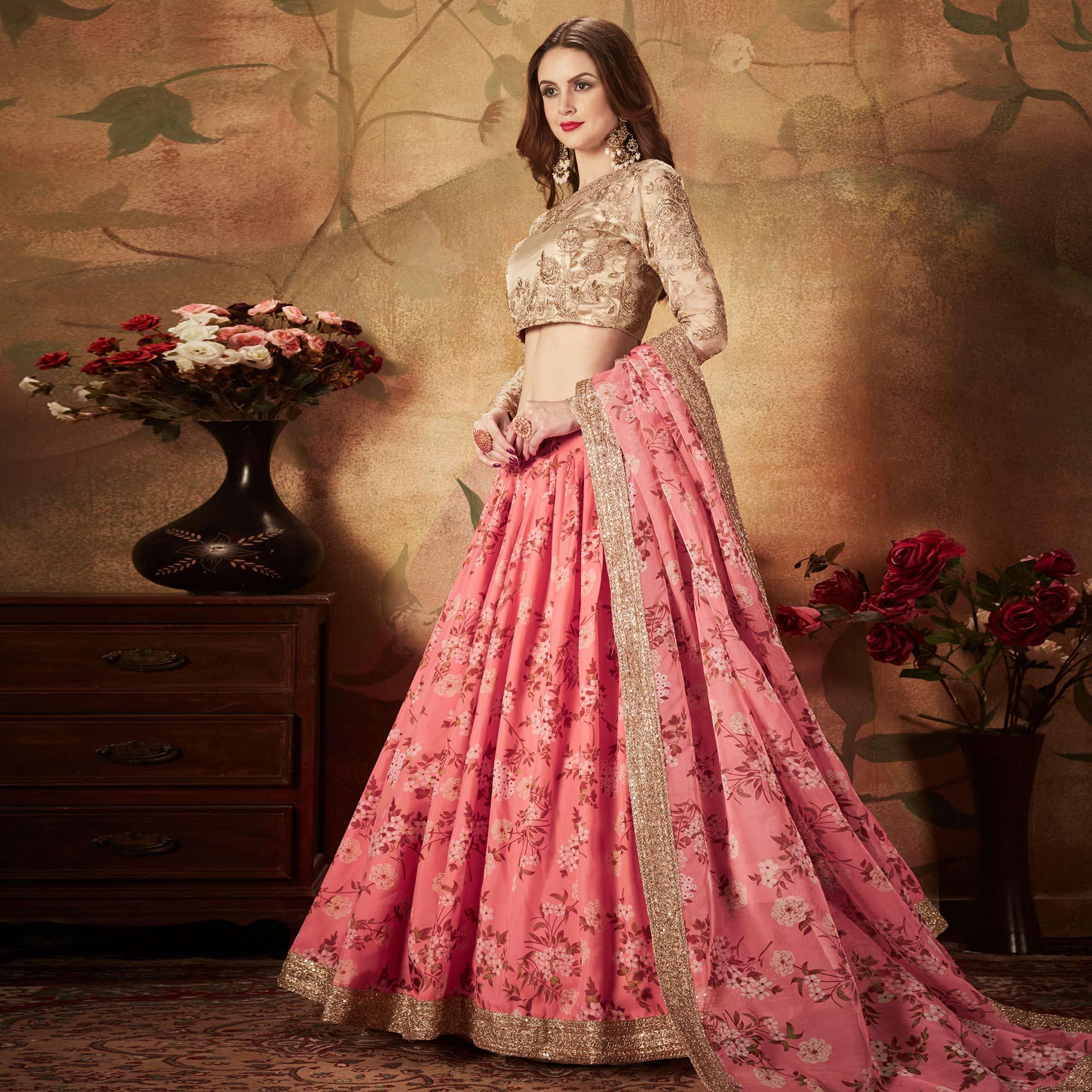 Pink & Beige Partywear Floral Print With Sequins Embroidery Organza Lehenga Choli - Peachmode