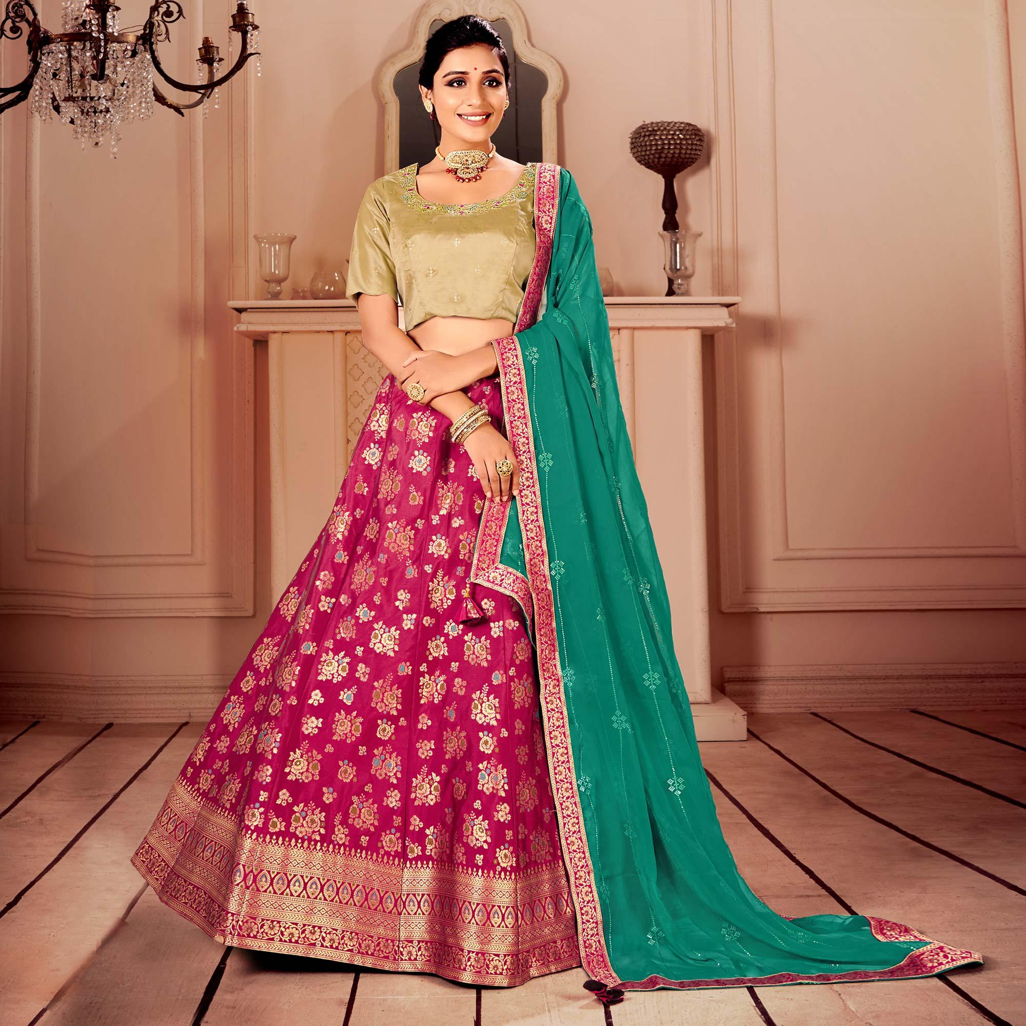 Pink & Chikoo Partywear Floral Embroidery With Woven Silk Lehenga Choli - Peachmode