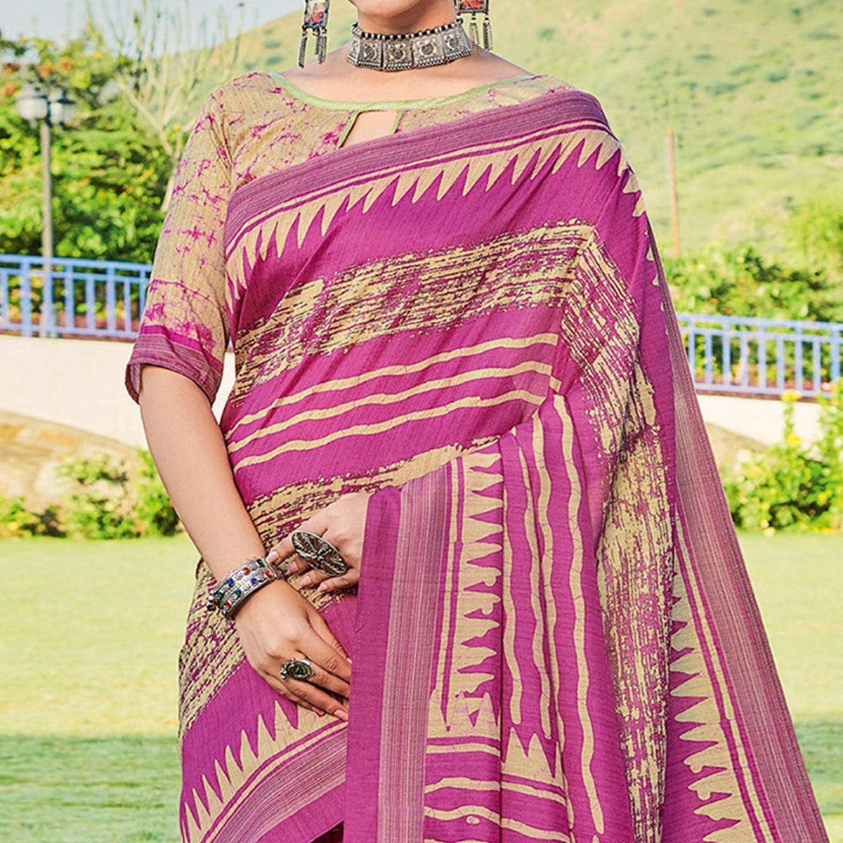 Pink & Chikoo Printed Cotton Silk Saree - Peachmode