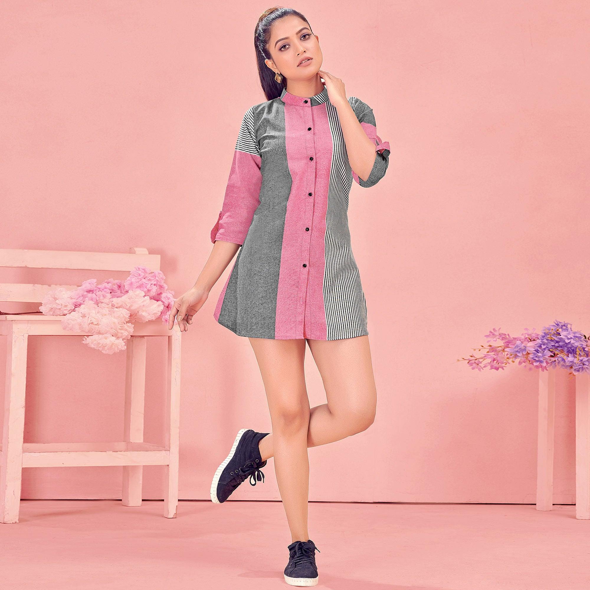 Pink & Grey Casual Wear Designer Stripes Pure Khadi Western Tunics Shirt - Peachmode