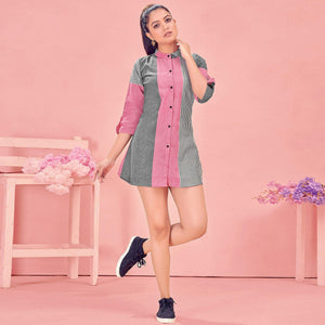 Pink & Grey Casual Wear Designer Stripes Pure Khadi Western Tunics Shirt - Peachmode