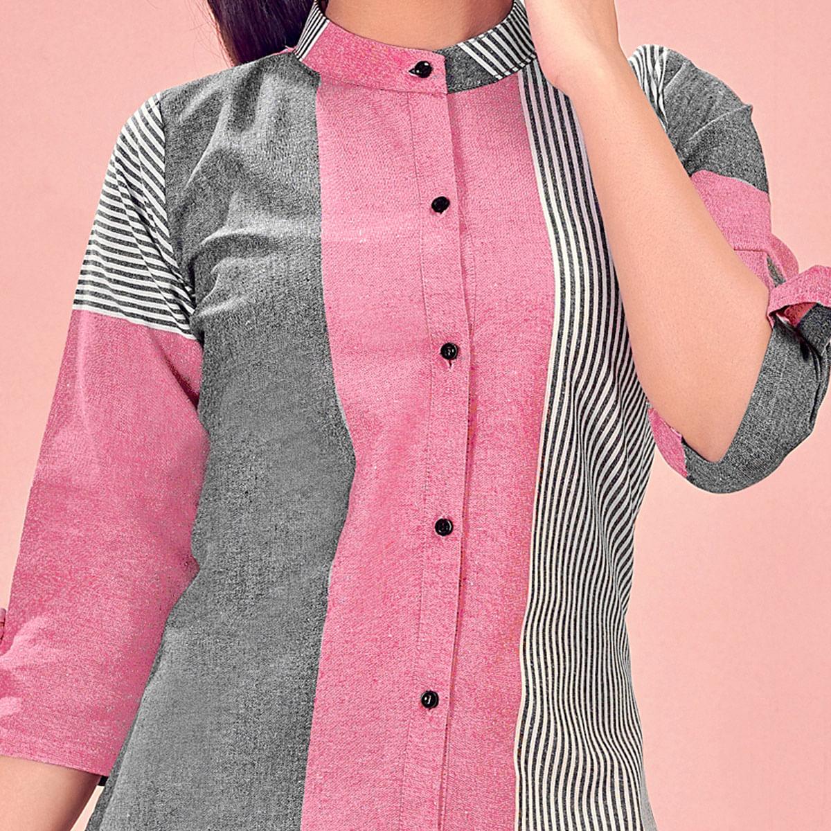 Pink & Grey Casual Wear Designer Stripes Pure Khadi Western Tunics Shirt - Peachmode