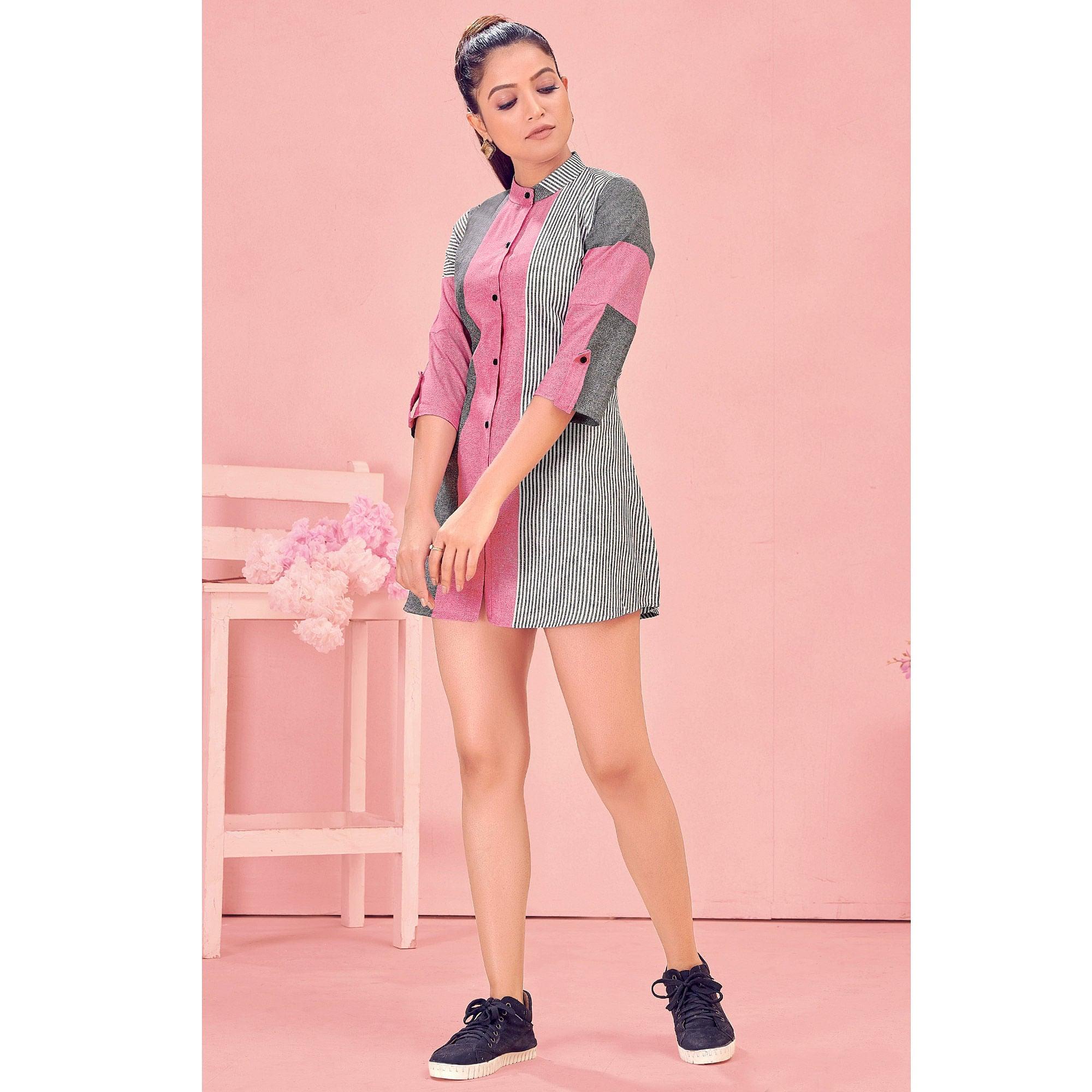 Pink & Grey Casual Wear Designer Stripes Pure Khadi Western Tunics Shirt - Peachmode