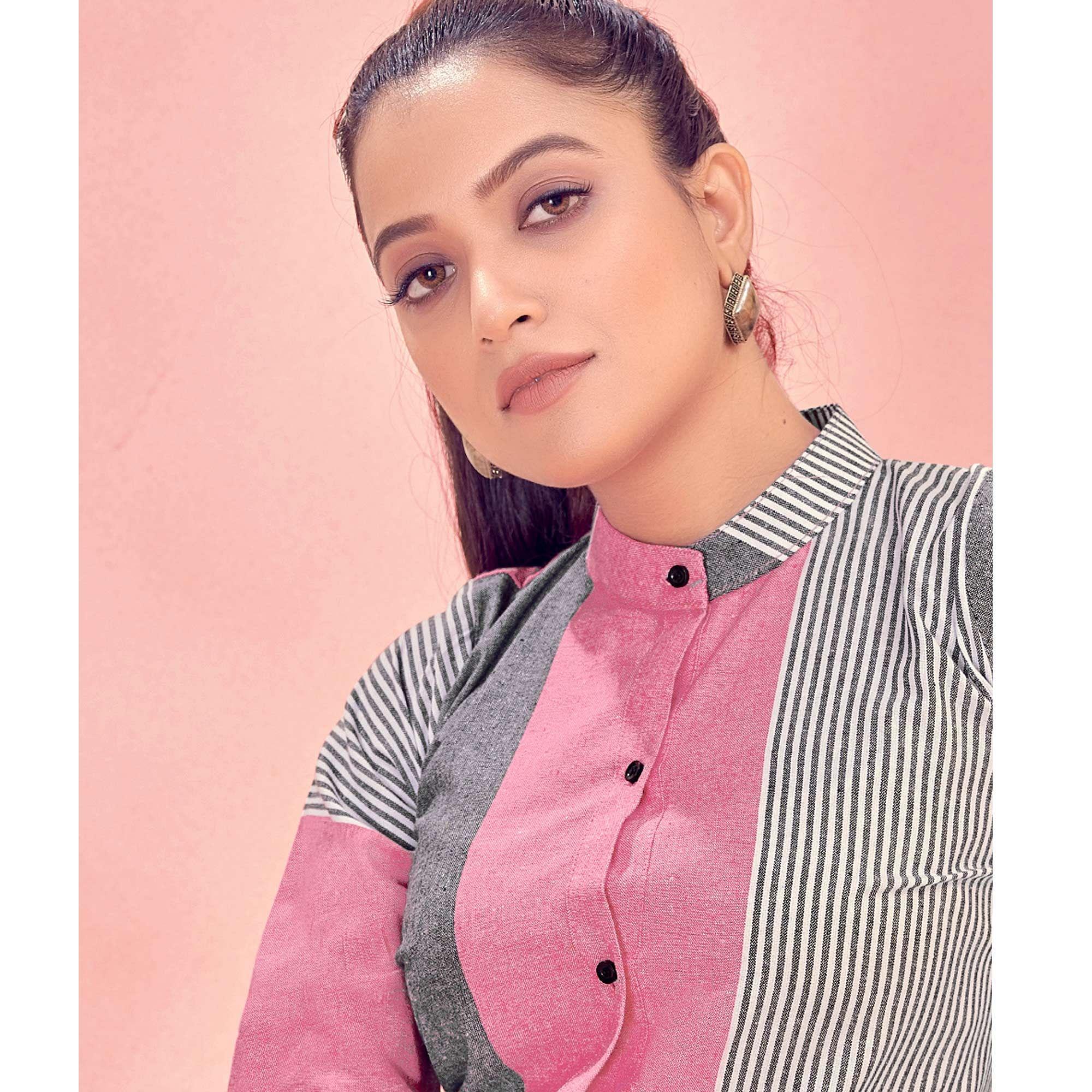 Pink & Grey Casual Wear Designer Stripes Pure Khadi Western Tunics Shirt - Peachmode