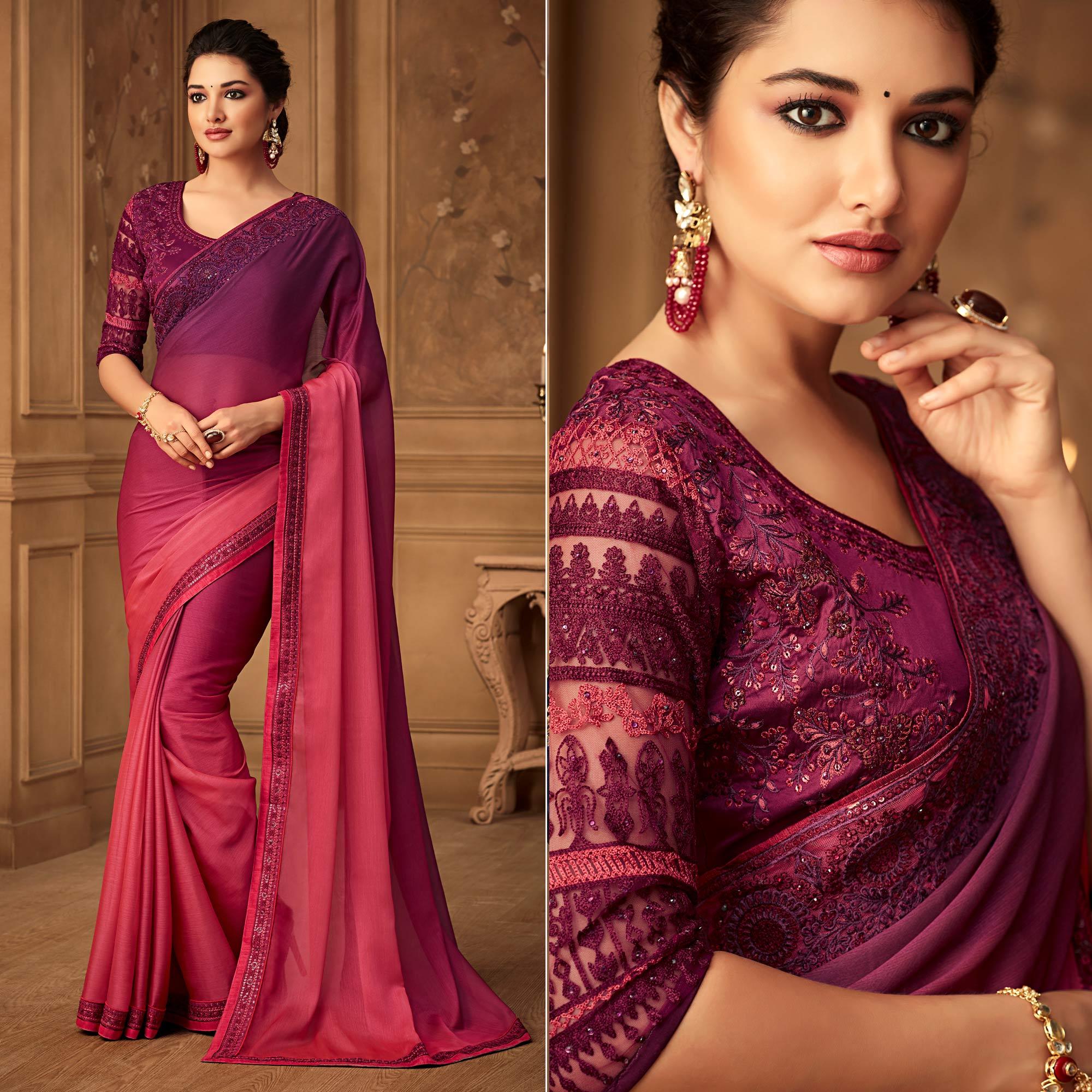 Pink & Magenta Floral Sequence Embroidered Chiffon Saree - Peachmode