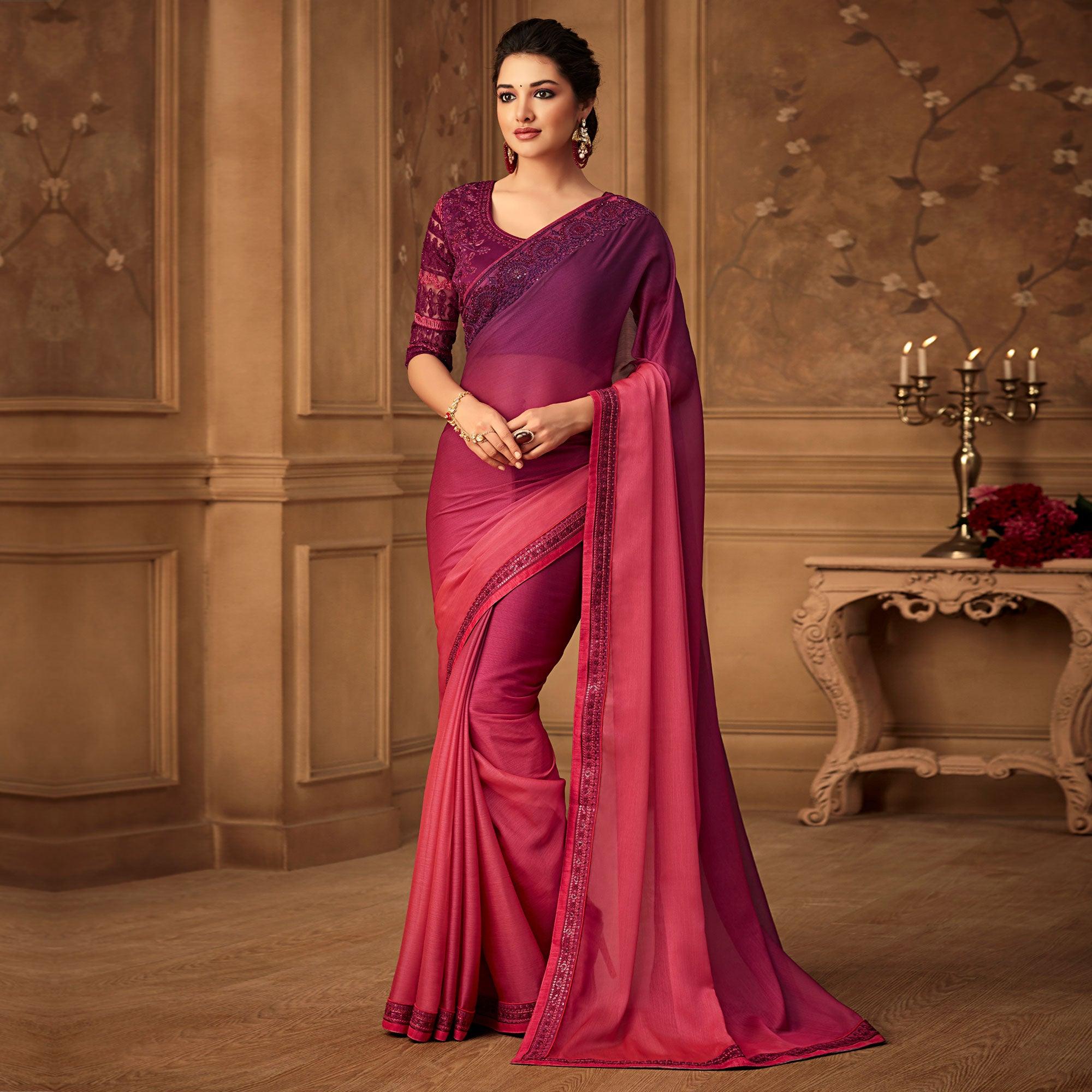 Pink & Magenta Floral Sequence Embroidered Chiffon Saree - Peachmode
