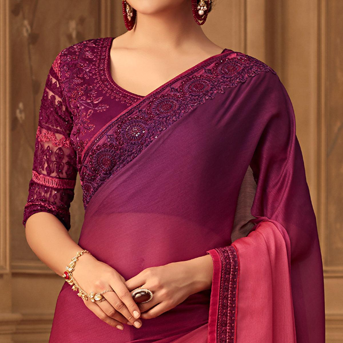 Pink & Magenta Floral Sequence Embroidered Chiffon Saree - Peachmode