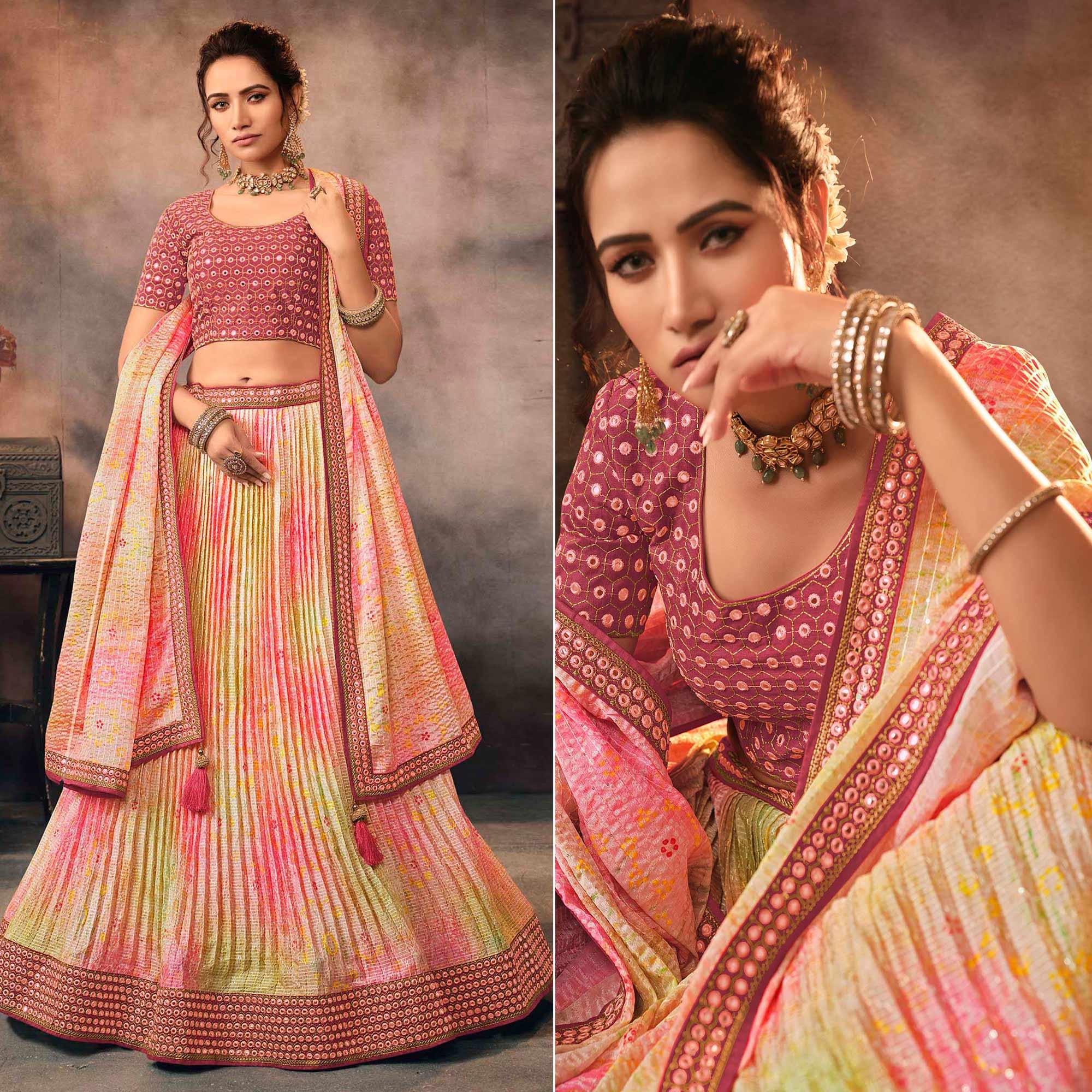Pink & Mint Green Digital Printed-Embellished Chiffon Lehenga Choli - Peachmode
