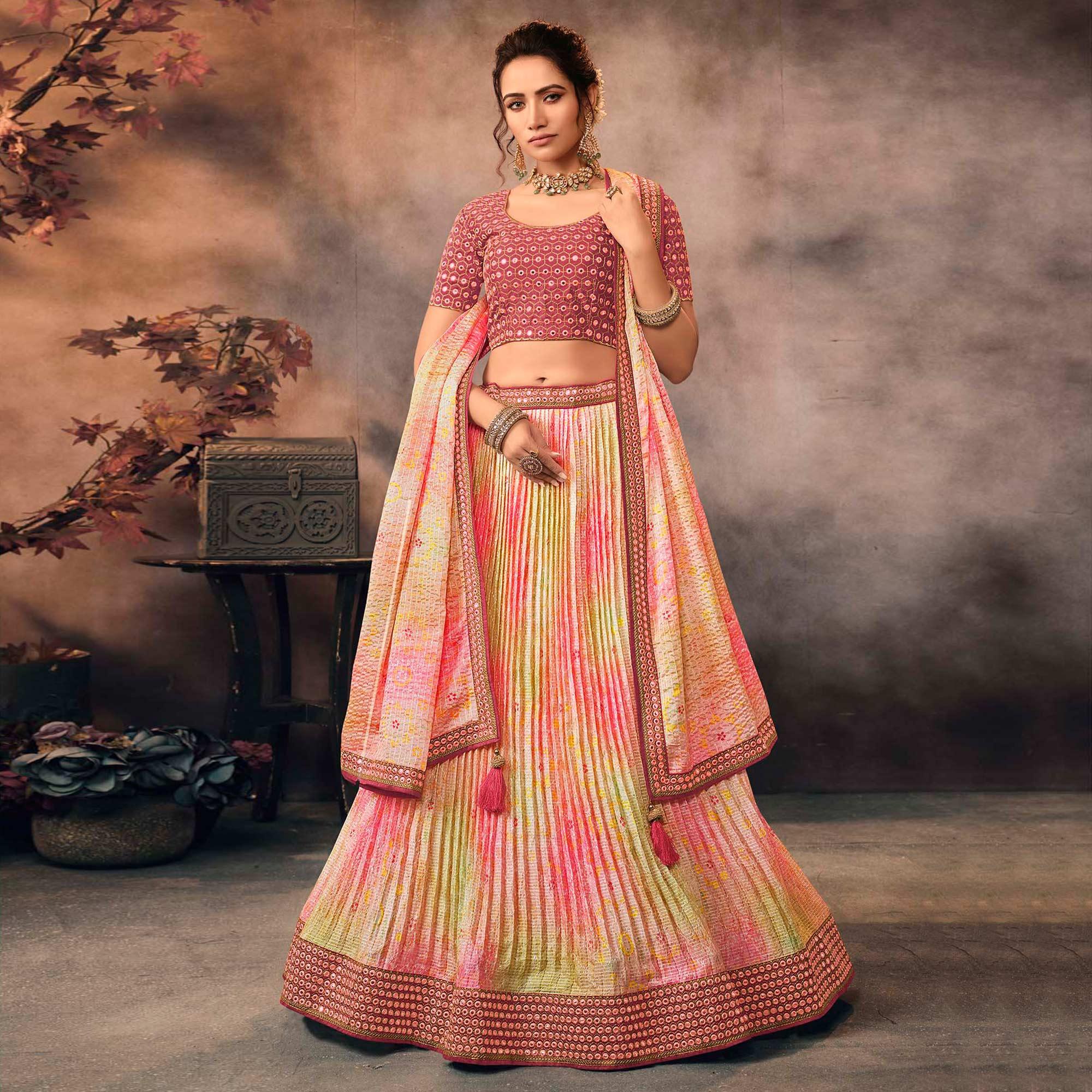 Pink & Mint Green Digital Printed-Embellished Chiffon Lehenga Choli - Peachmode