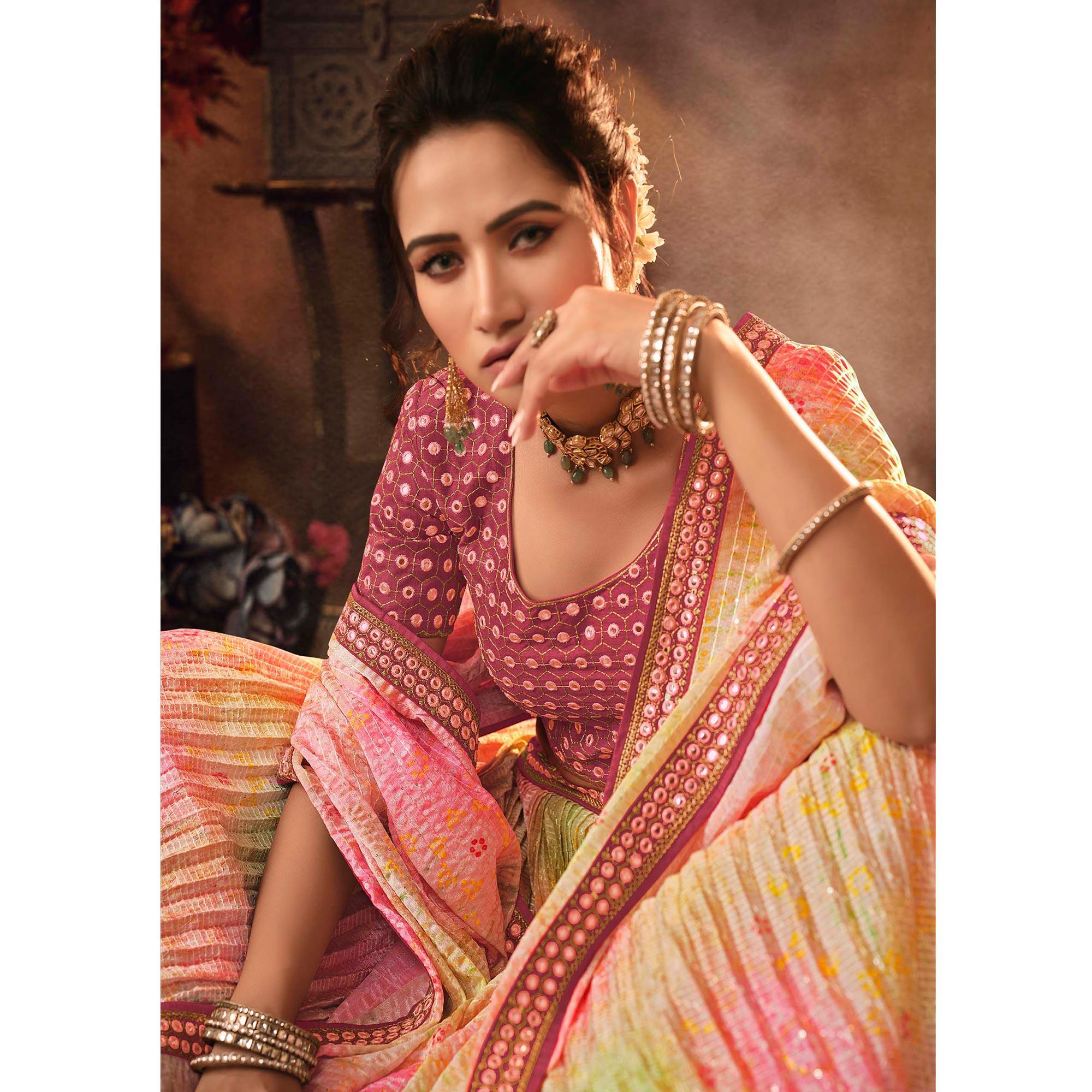Pink & Mint Green Digital Printed-Embellished Chiffon Lehenga Choli - Peachmode