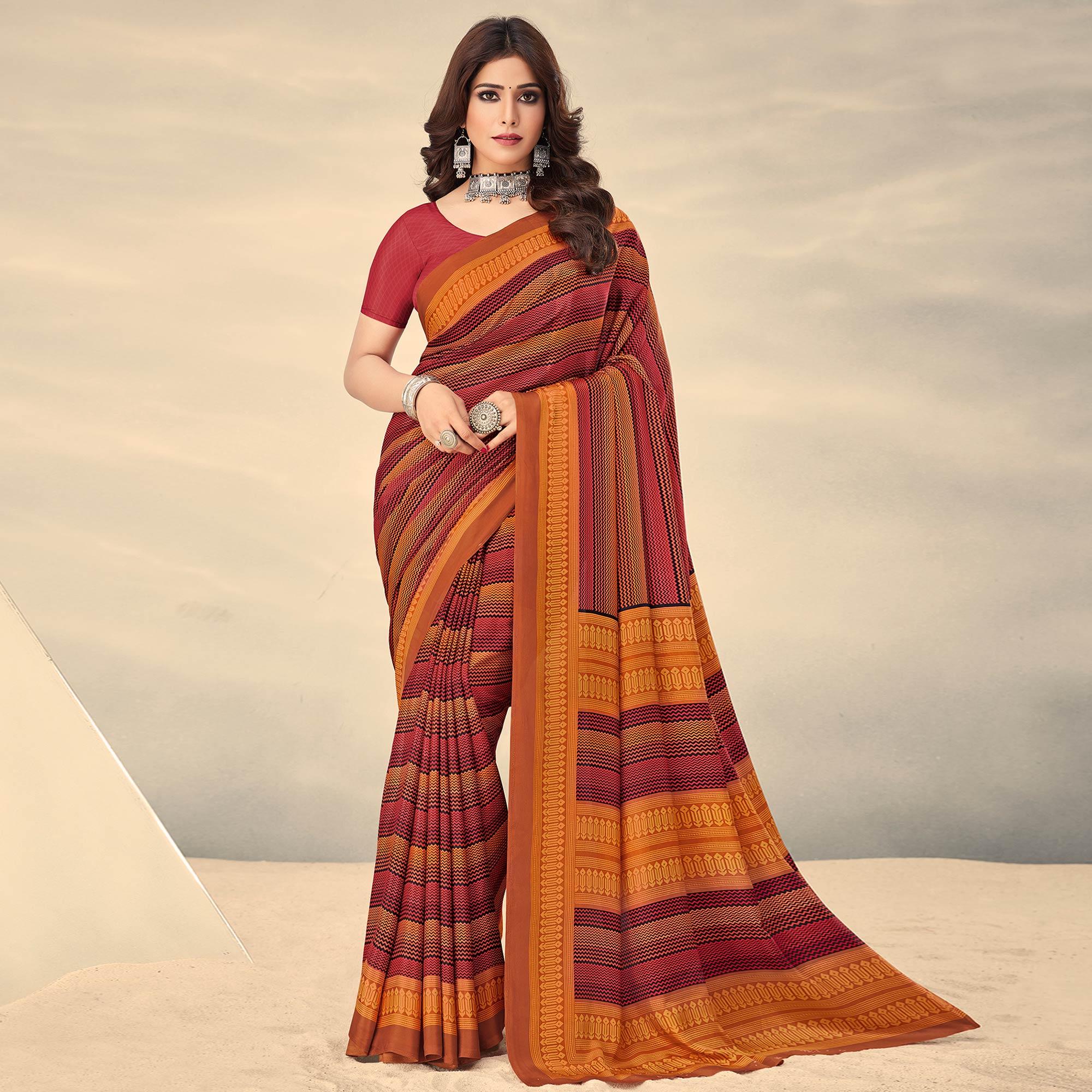 Pink & Mustard Printed Crepe Saree - Peachmode