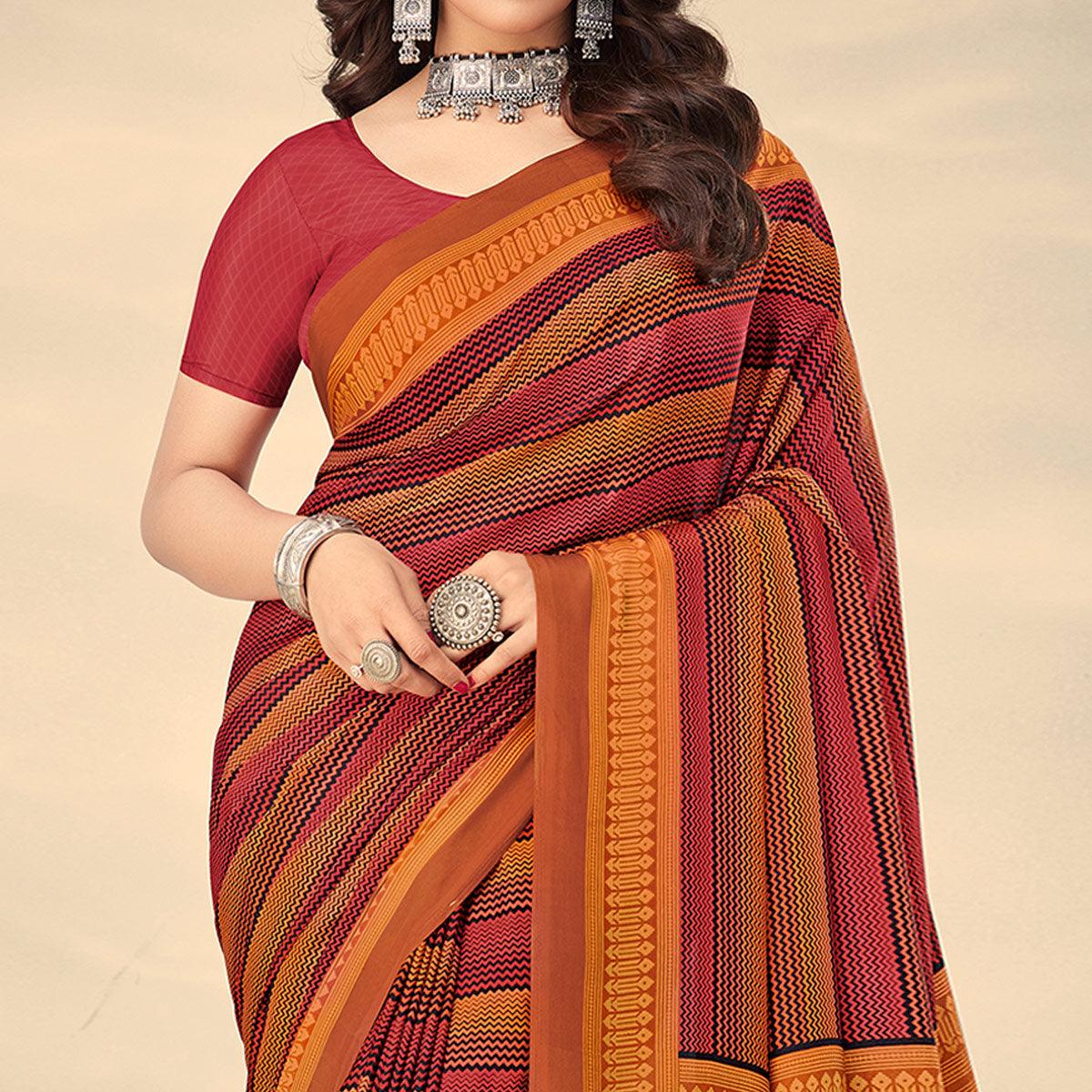 Pink & Mustard Printed Crepe Saree - Peachmode