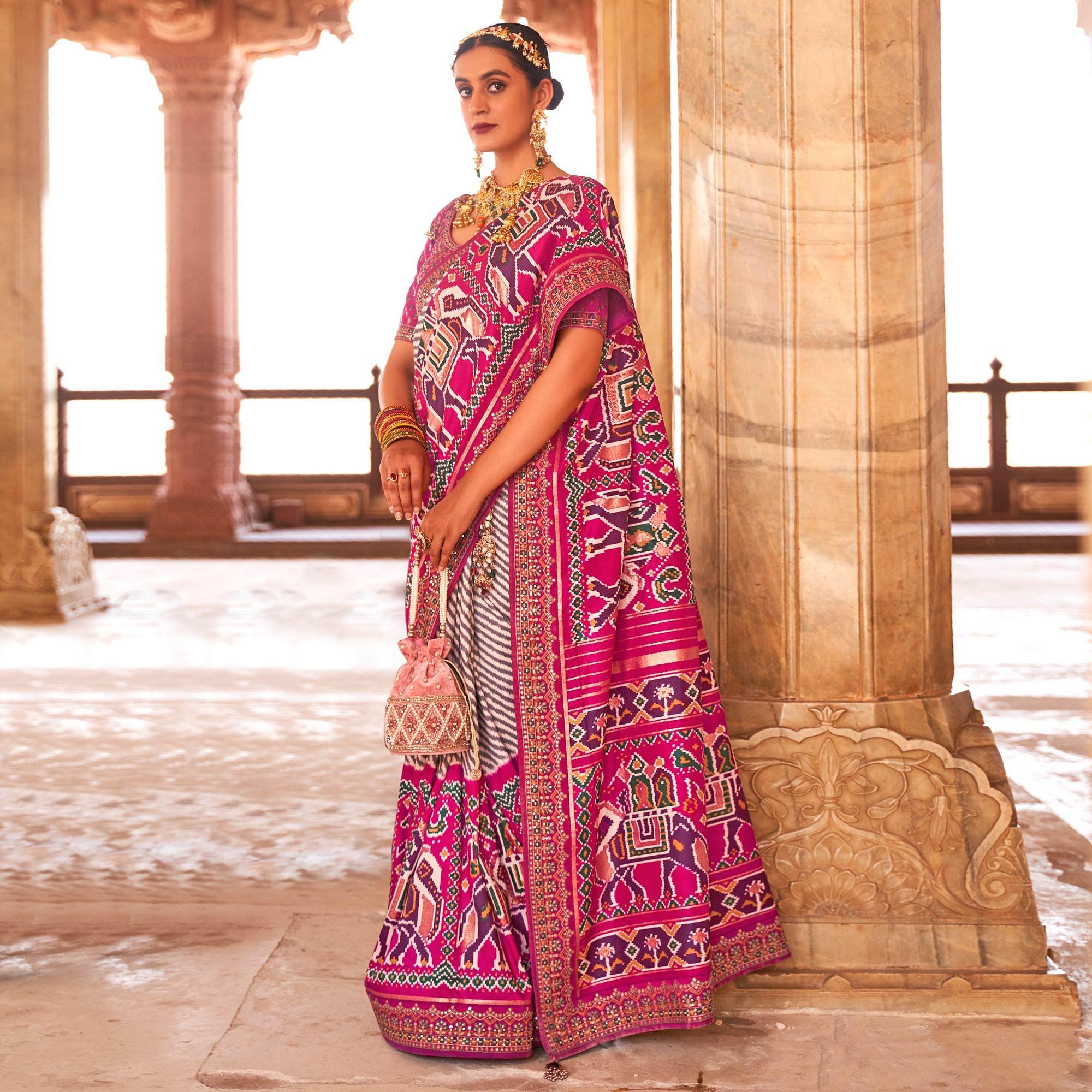 Pink & Off White Patola Printed-Sequence Embroidered Pure Silk Saree - Peachmode