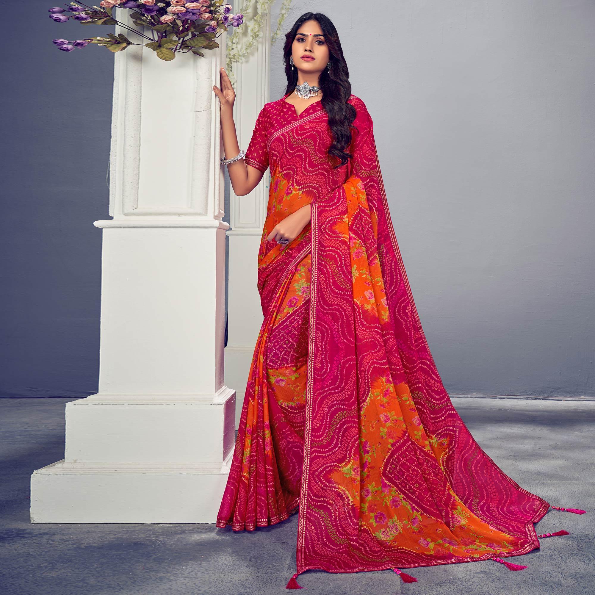Pink & Orange Bandhani Printed Chiffon Saree With Tassels - Peachmode
