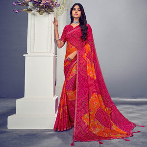 Pink & Orange Bandhani Printed Chiffon Saree With Tassels - Peachmode
