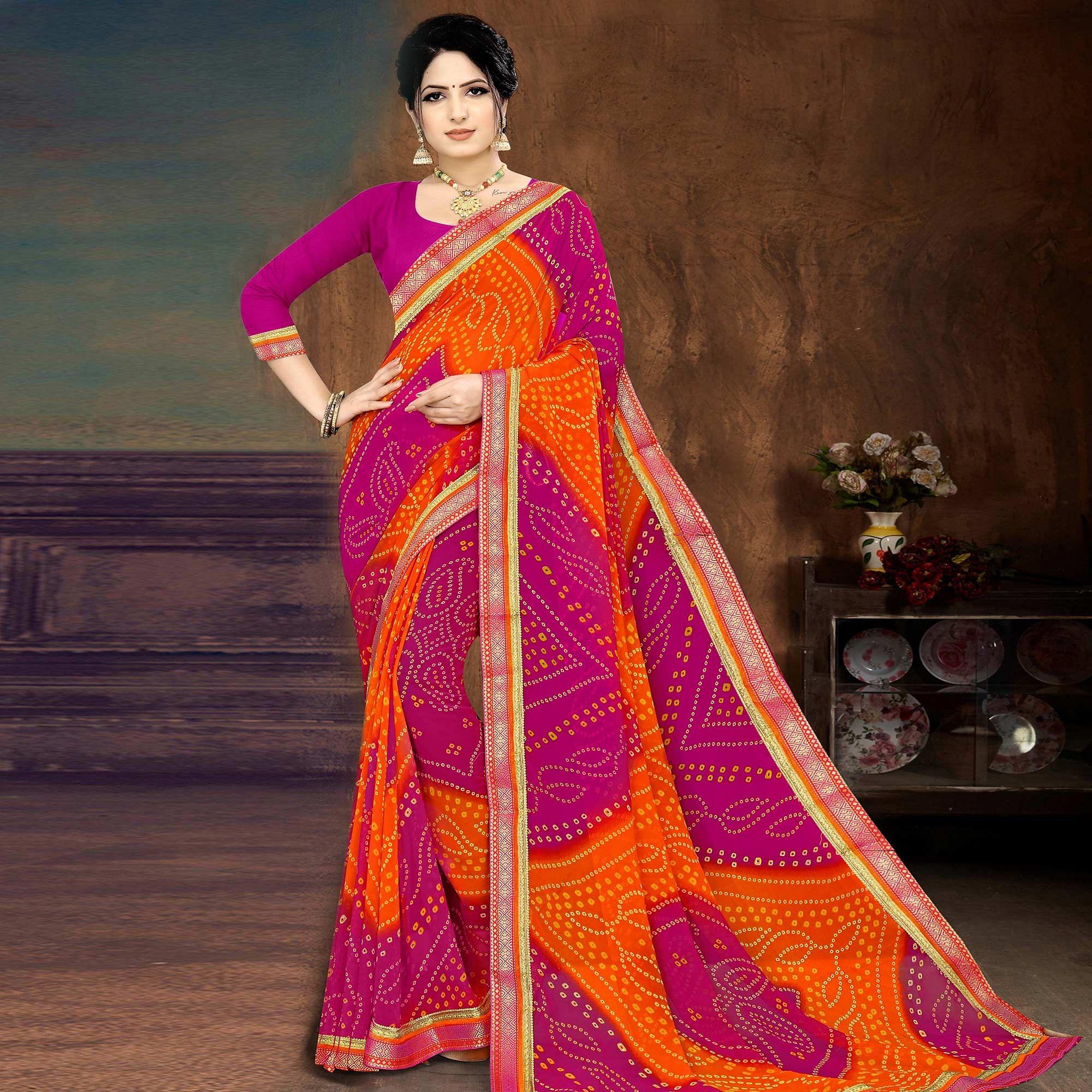 Pink And Orange Casual Wear Bandhani Printed Georgette Designer Saree - Peachmode