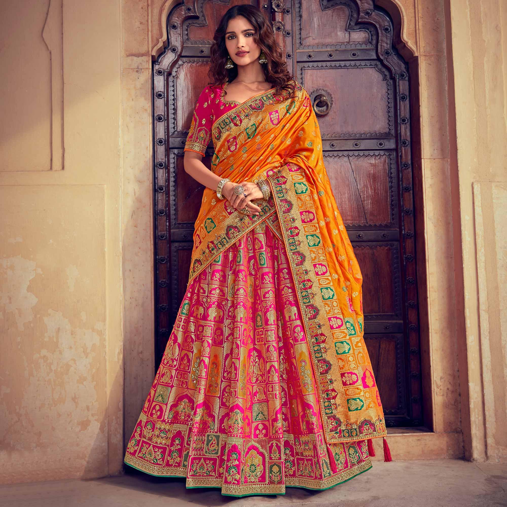 Pink & Orange Wedding Wear Woven & Embroidered Silk Lehenga Choli - Peachmode