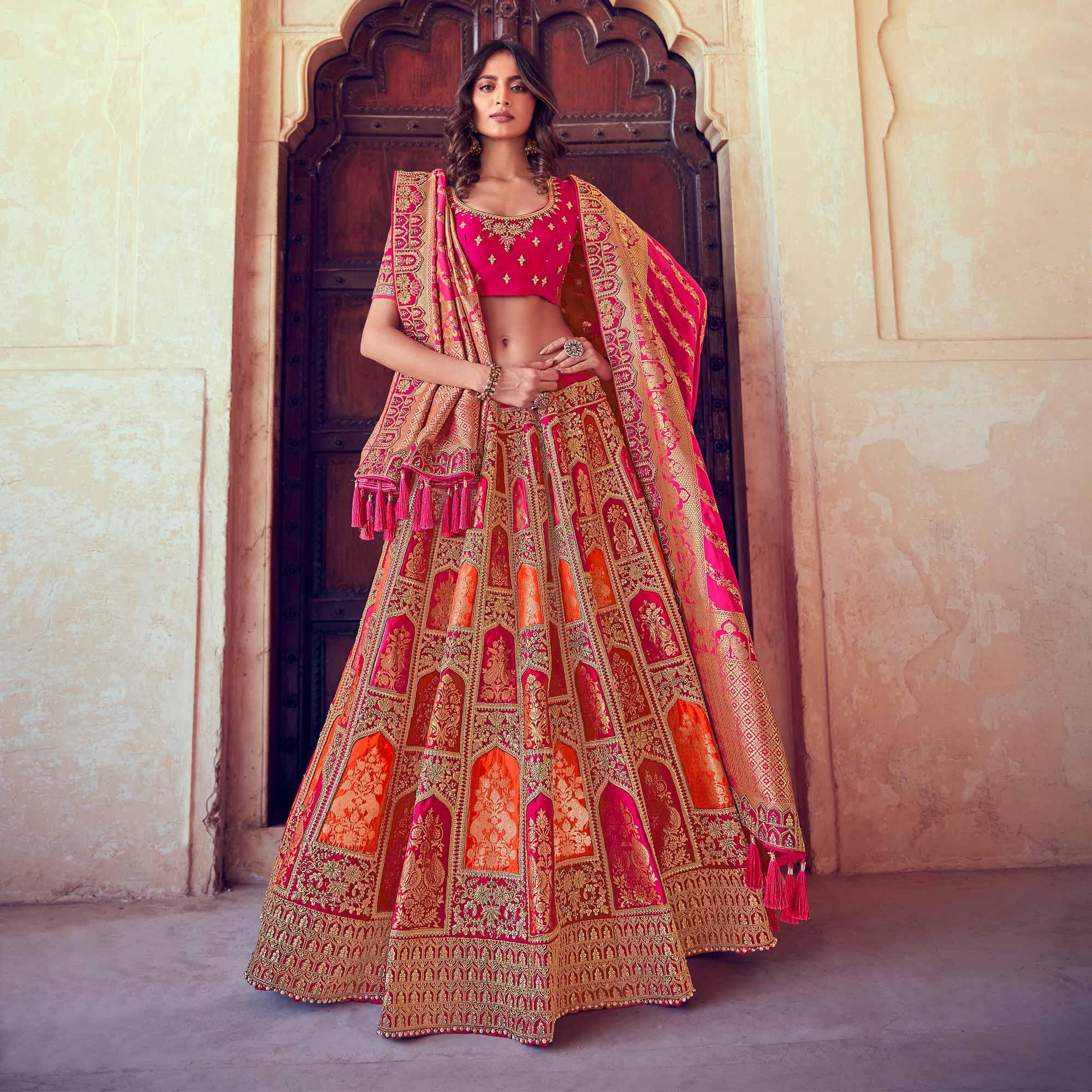 Pink & Orange Wedding Wear Woven & Embroidered Silk Lehenga Choli - Peachmode