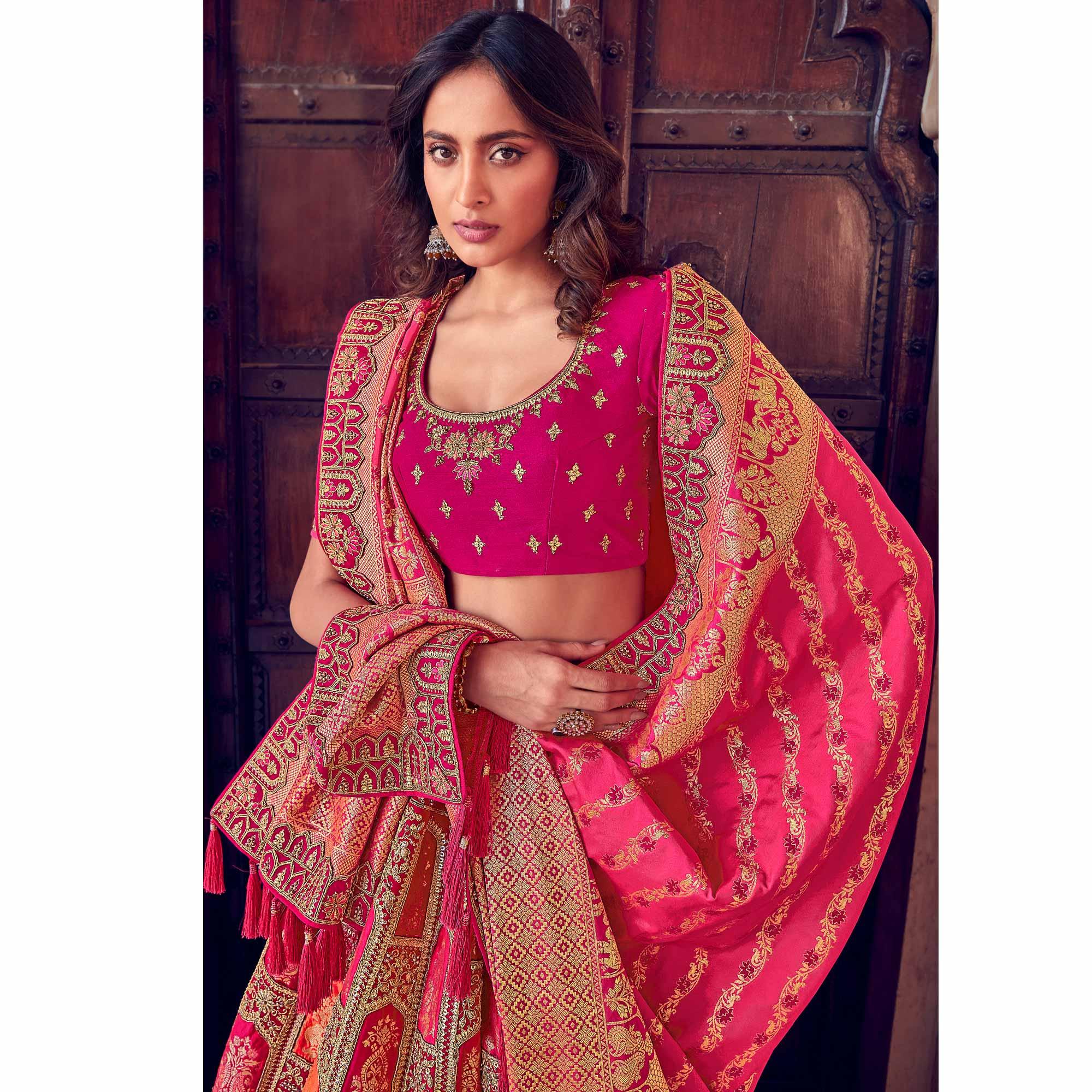 Pink & Orange Wedding Wear Woven & Embroidered Silk Lehenga Choli - Peachmode