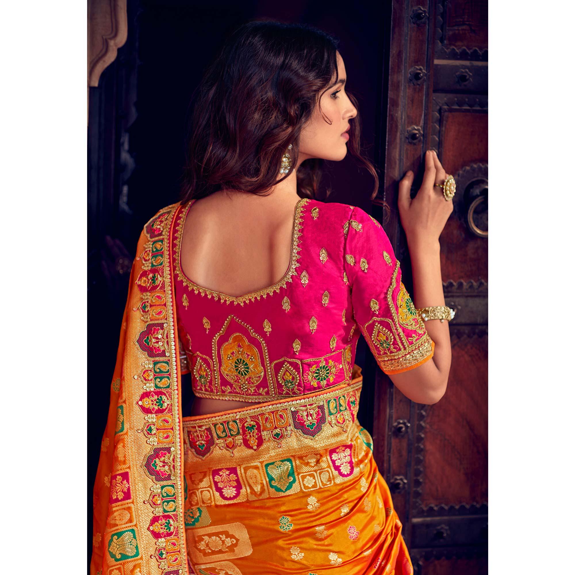 Pink & Orange Wedding Wear Woven & Embroidered Silk Lehenga Choli - Peachmode