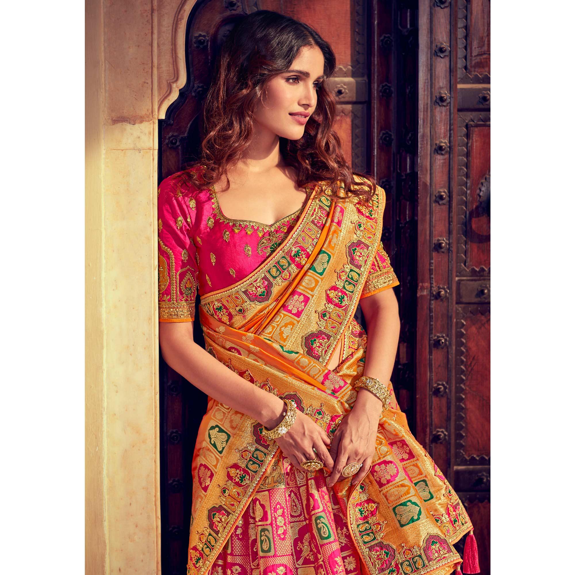 Pink & Orange Wedding Wear Woven & Embroidered Silk Lehenga Choli - Peachmode