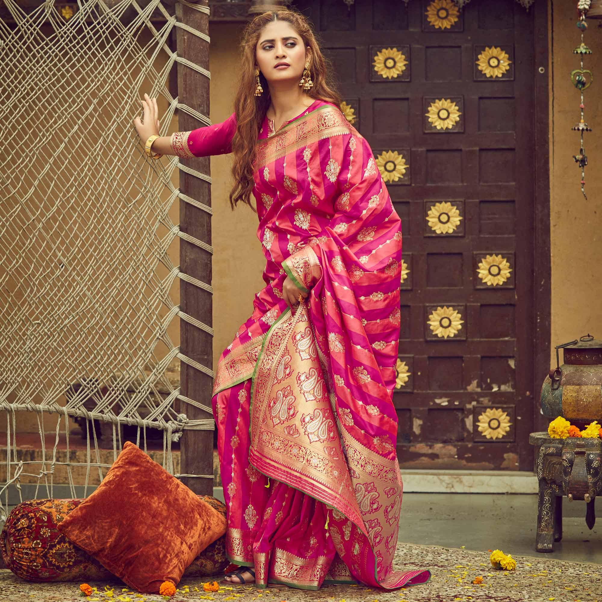 Pink & Peach Festive Wear Woven Handloom Silk Saree - Peachmode