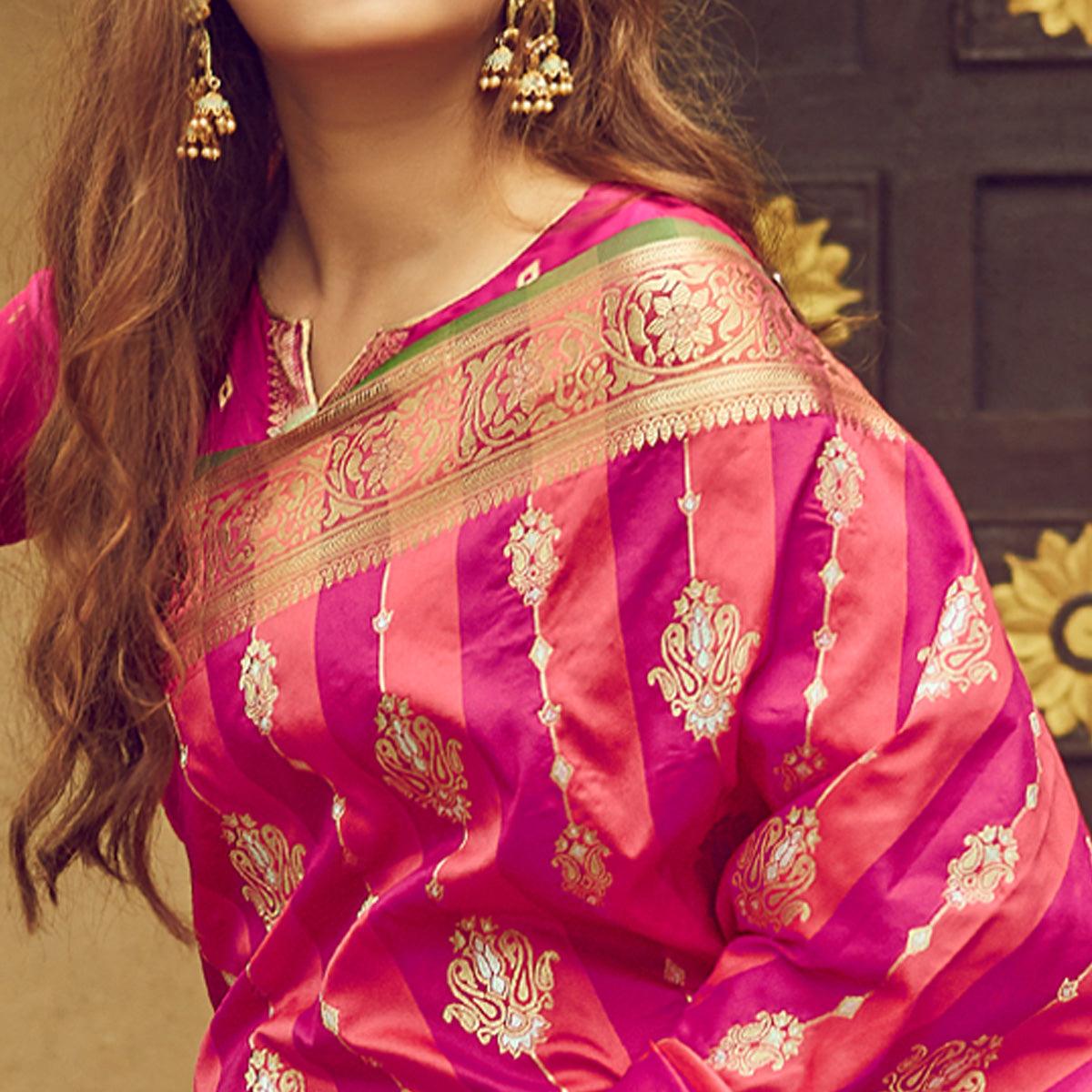 Pink & Peach Festive Wear Woven Handloom Silk Saree - Peachmode