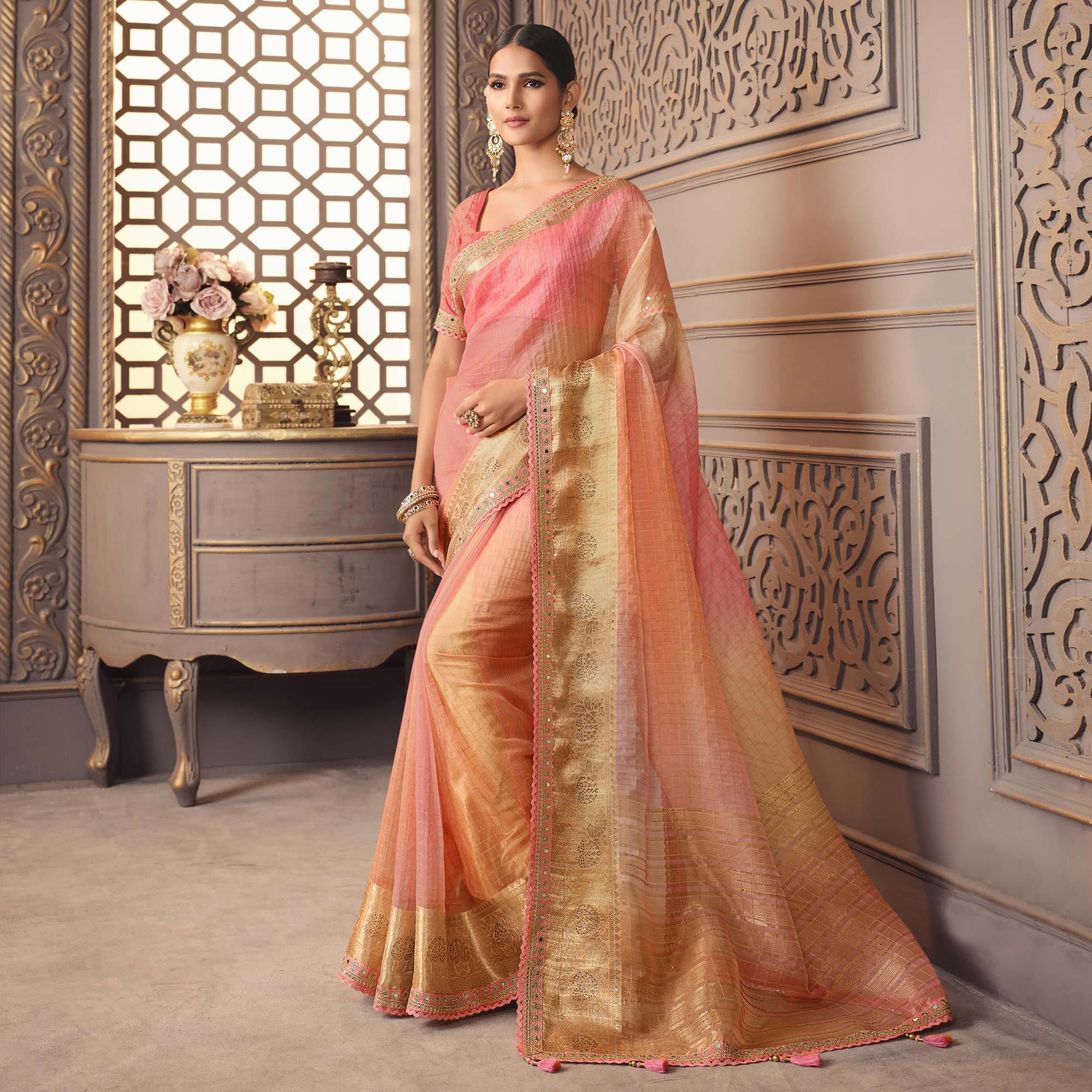 Pink & Peach Woven With Fancy Border Organza Saree - Peachmode